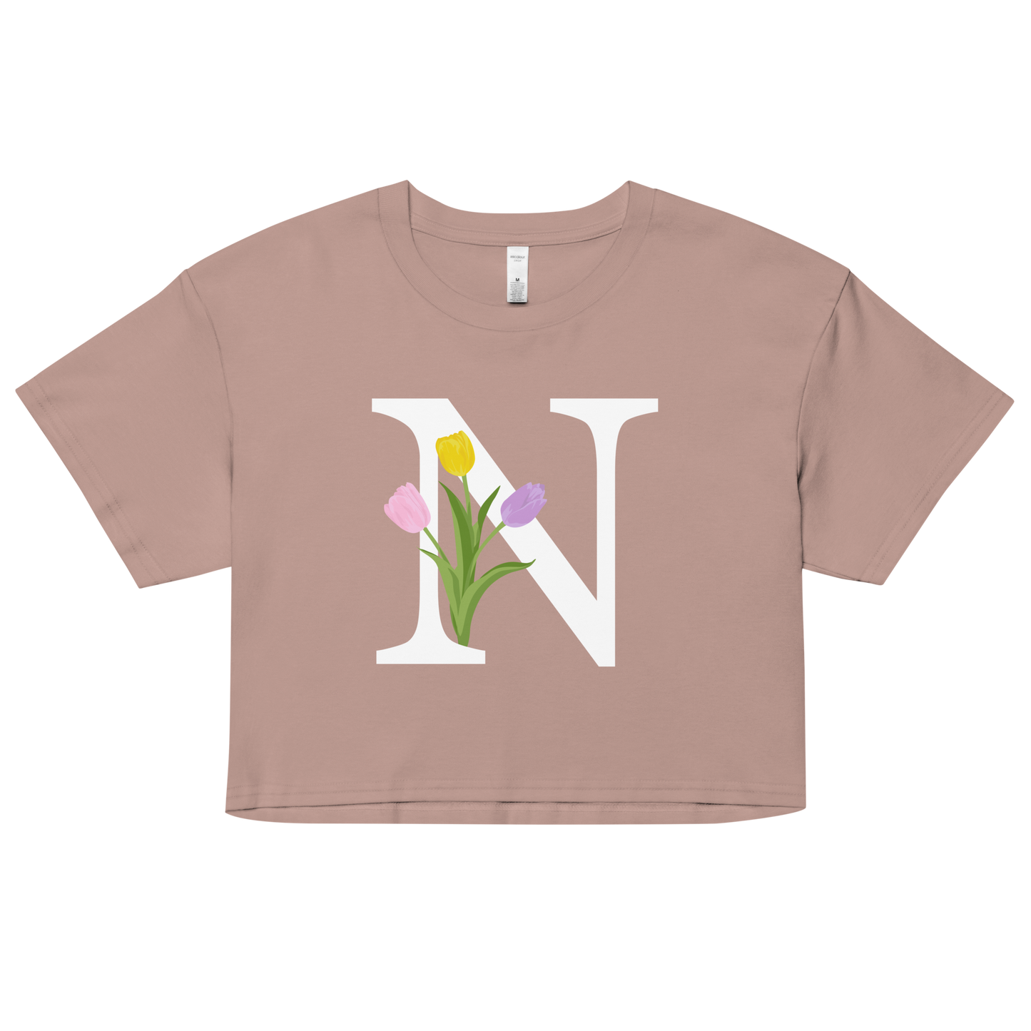 Essential Cotton Crop Top with Minimalist Initial 'N' with Tulips motif