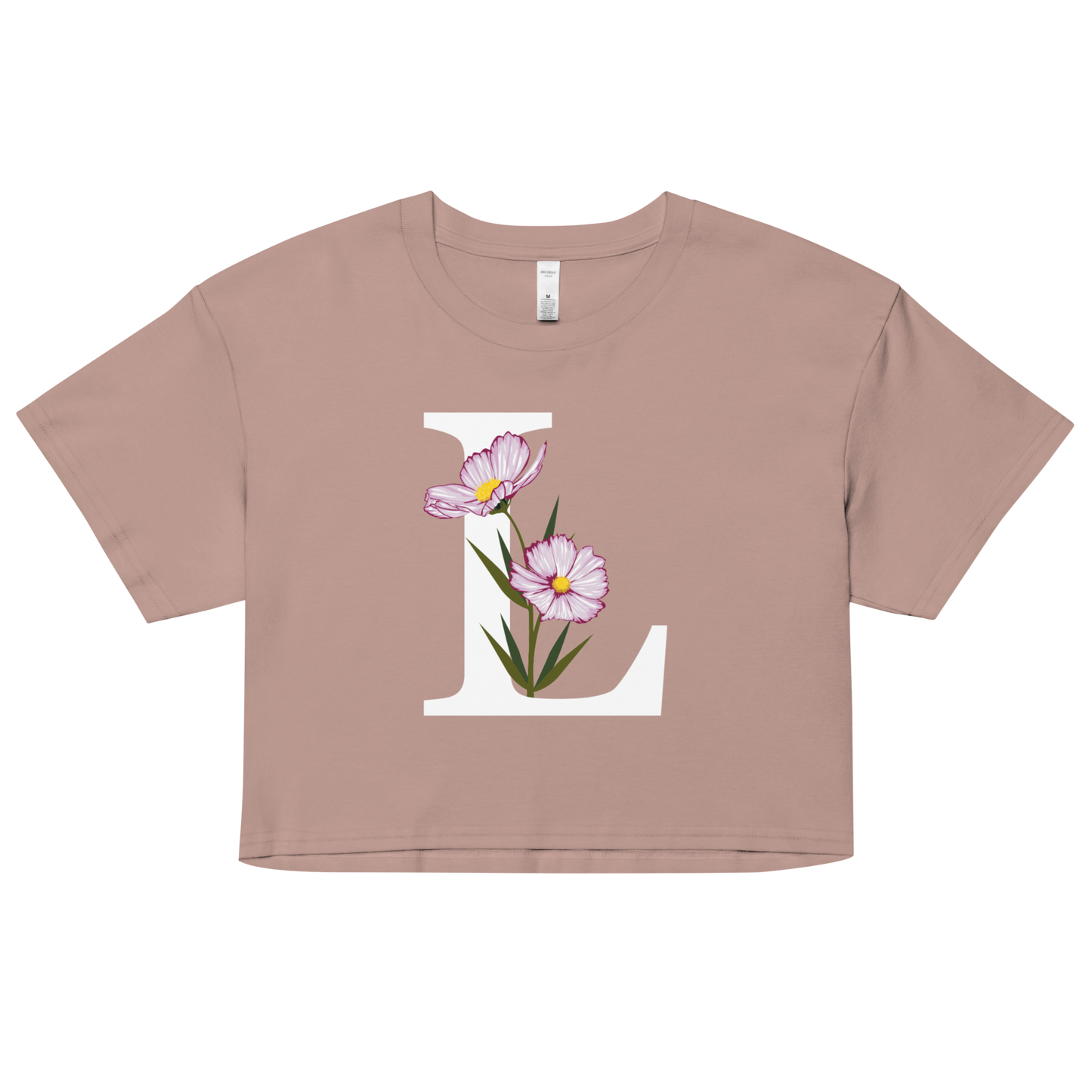 Essential Cotton Crop Top with Minimalist Initial 'L' with Flowers motif