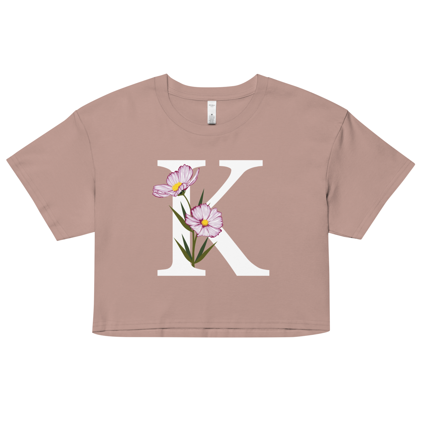 Essential Cotton Crop Top with Minimalist Initial 'K' with Flowers motif