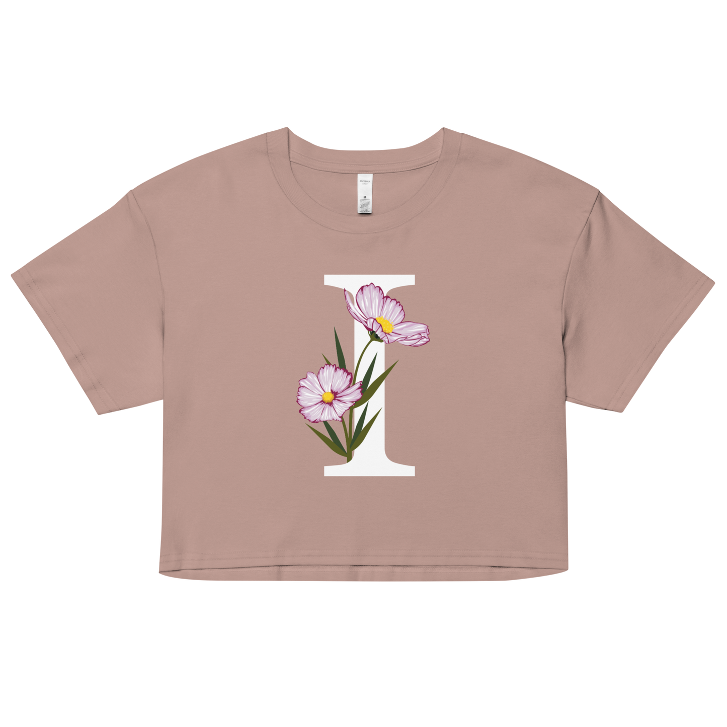 Essential Cotton Crop Top with Minimalist Initial 'I' with Flowers motif