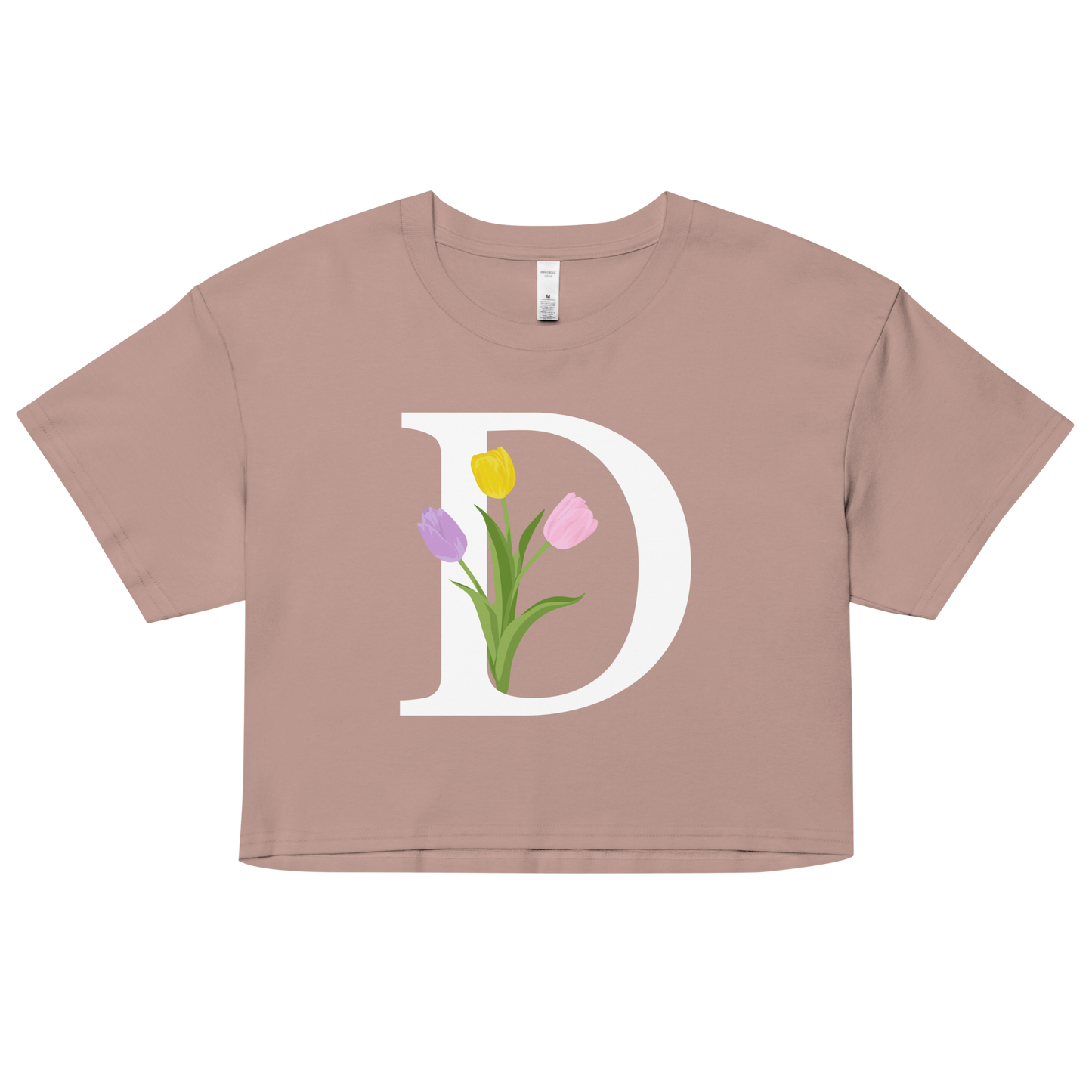 Essential Cotton Crop Top with Minimalist Initial 'D' with Tulips motif