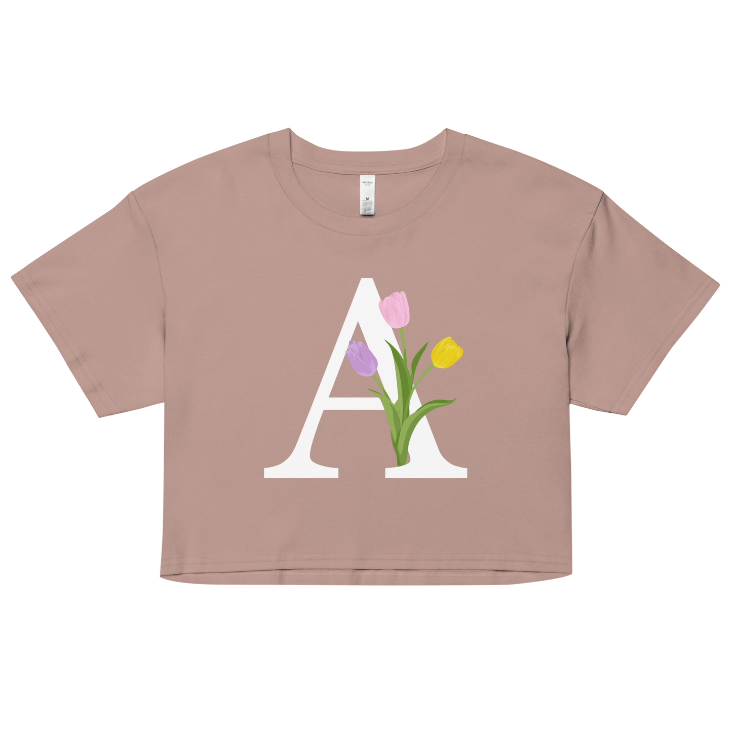 Essential Cotton Crop Top with Minimalist Initial 'A' with Tulips motif