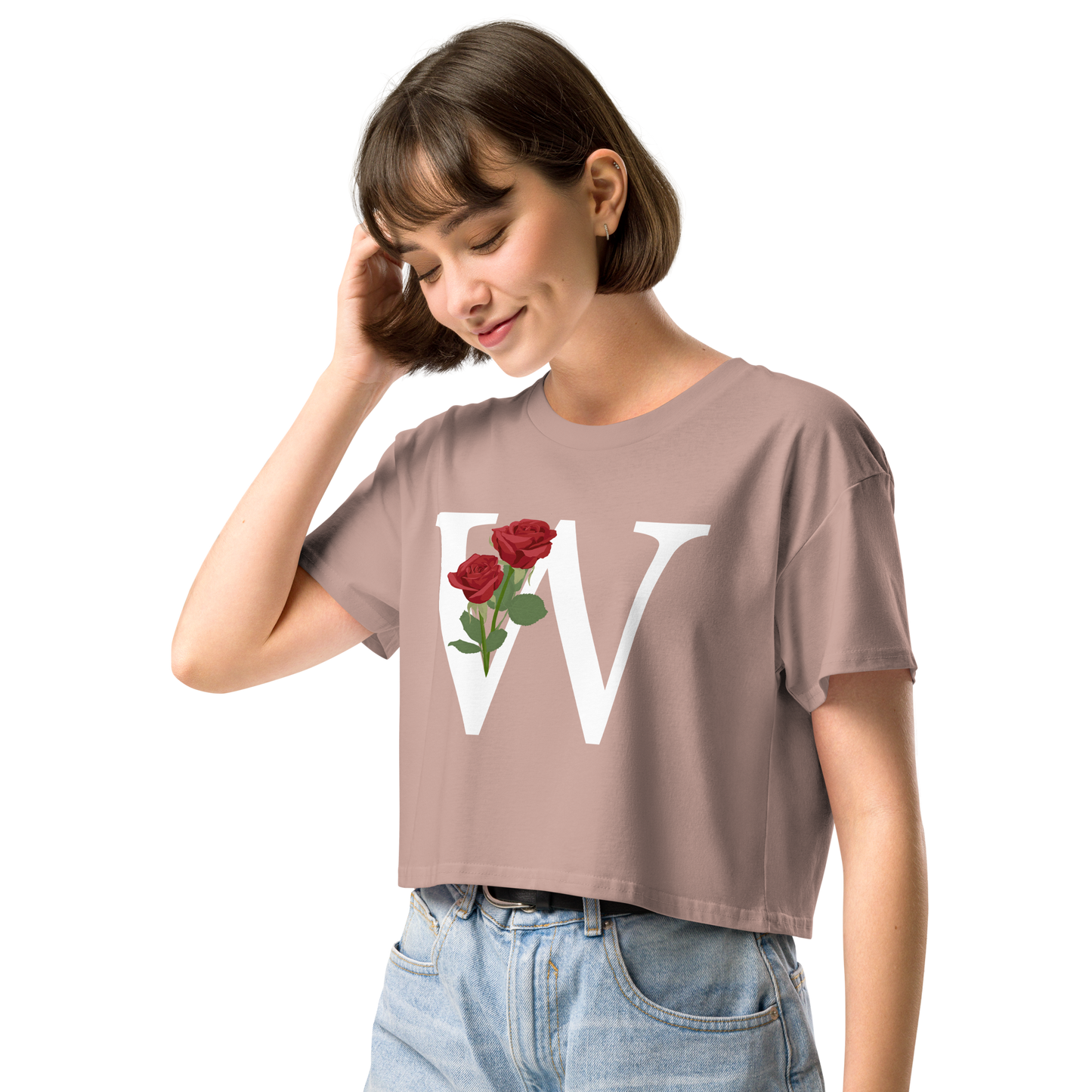 Essential Cotton Crop Top with Minimalist Initial 'W' with Roses motif