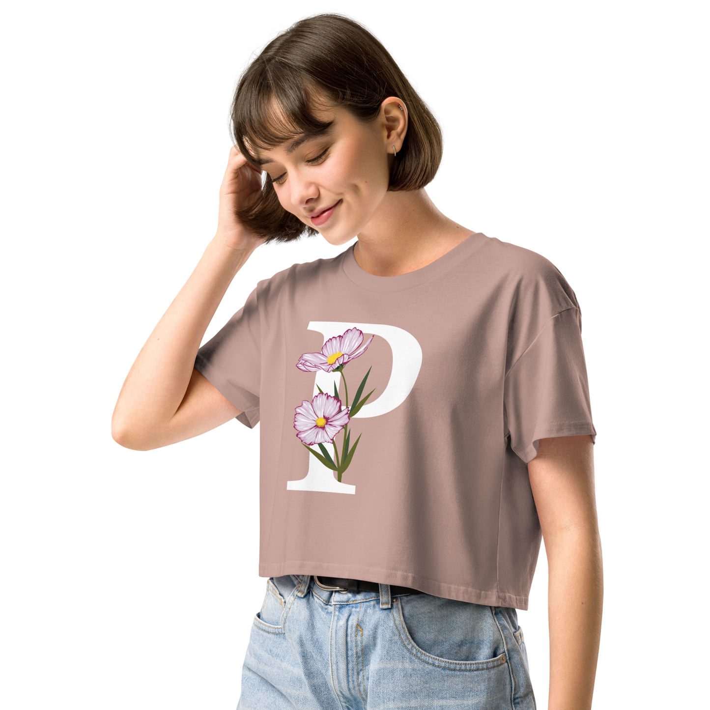 Essential Cotton Crop Top with Minimalist Initial 'P' with Flowers motif