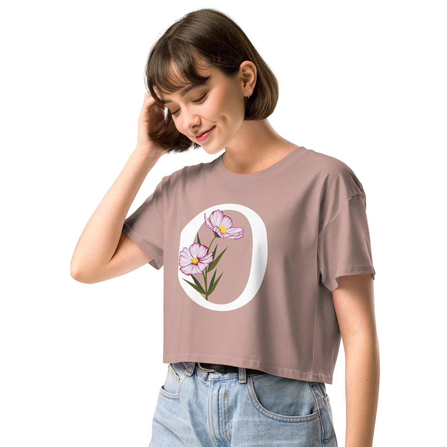 Essential Cotton Crop Top with Minimalist Initial 'O' with Flowers motif