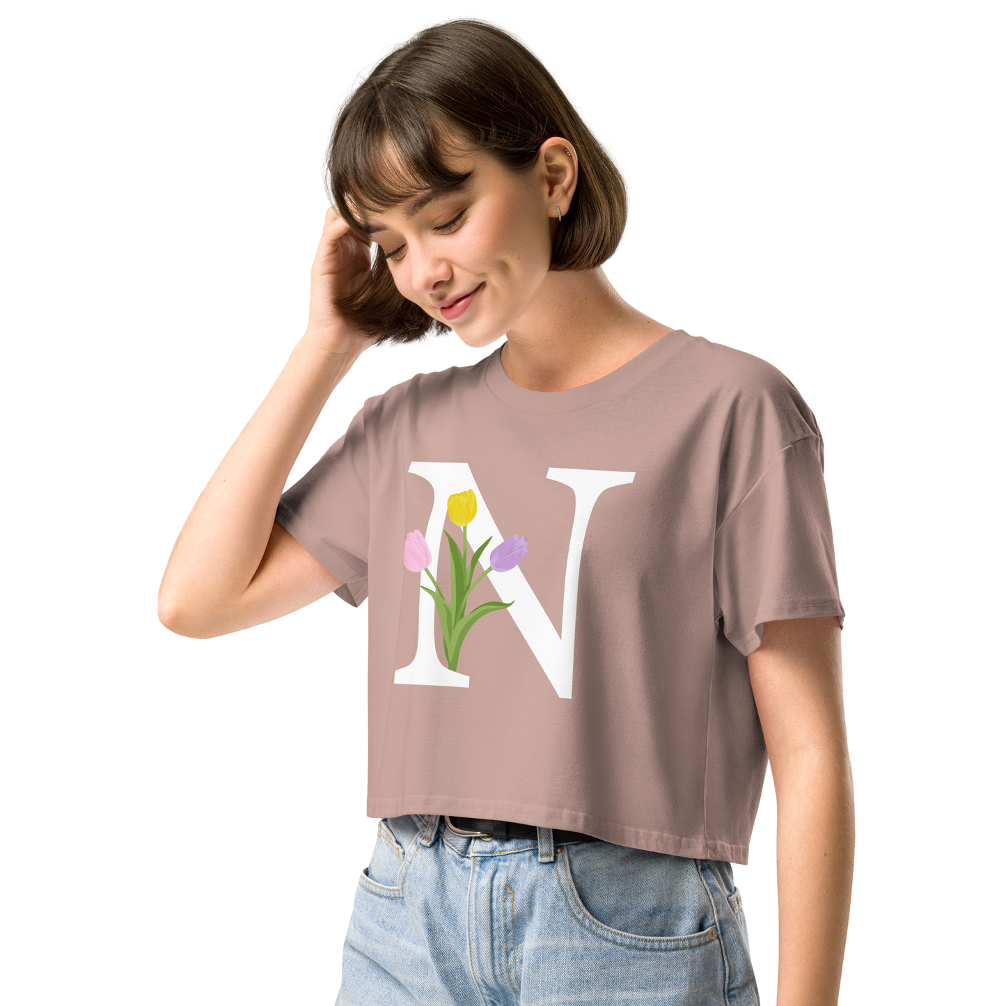 Essential Cotton Crop Top with Minimalist Initial 'N' with Tulips motif