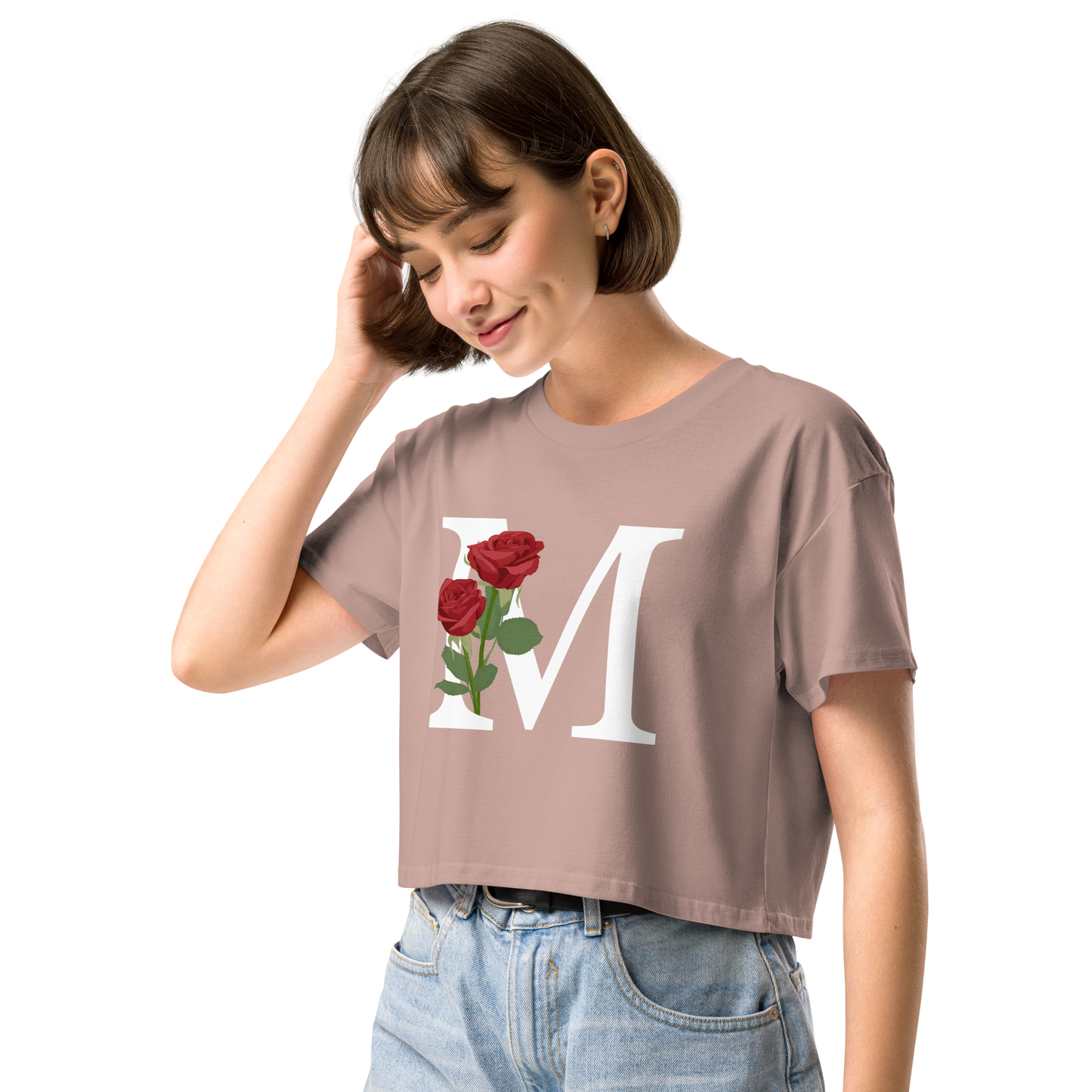 Essential Cotton Crop Top with Minimalist Initial 'M' with Roses motif