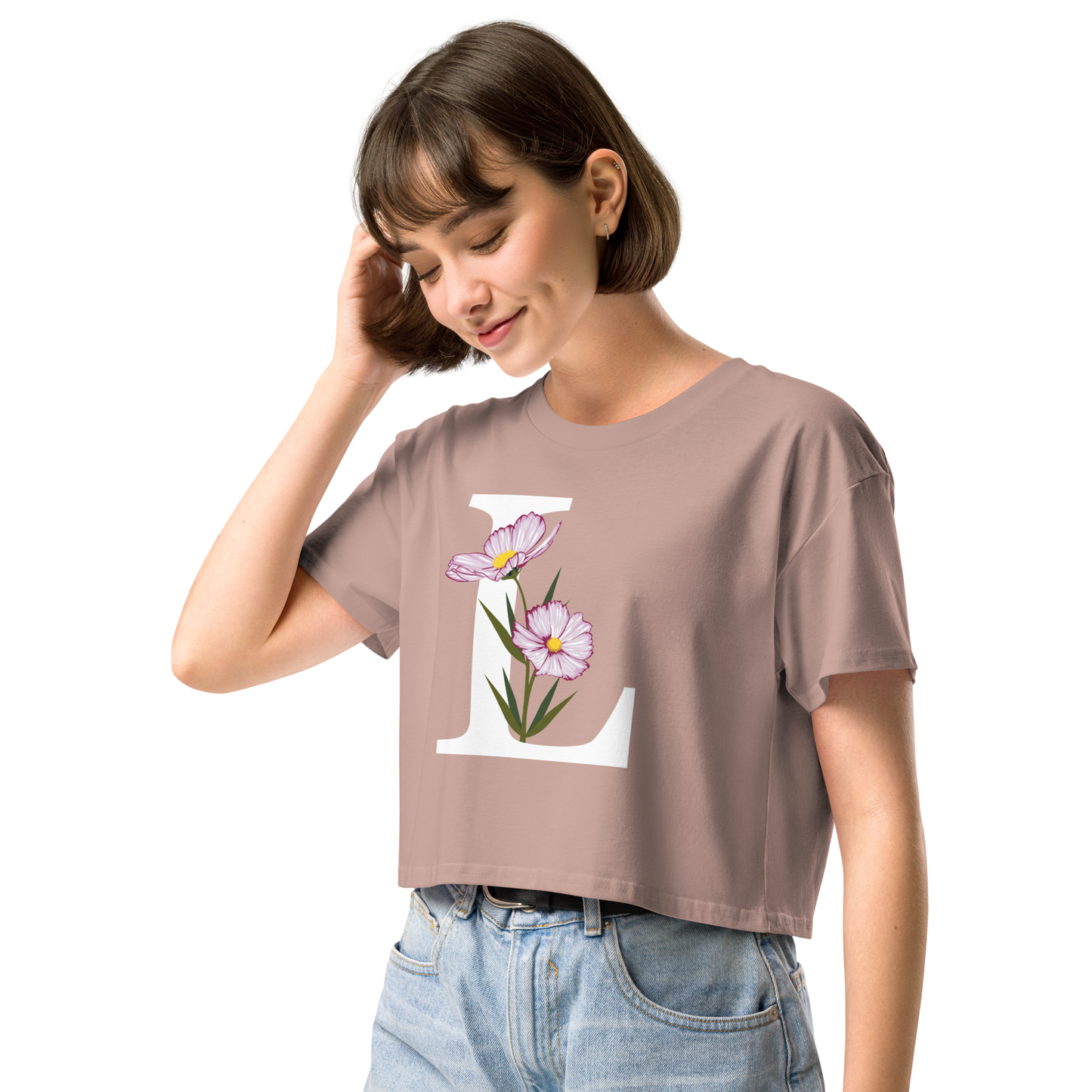 Essential Cotton Crop Top with Minimalist Initial 'L' with Flowers motif