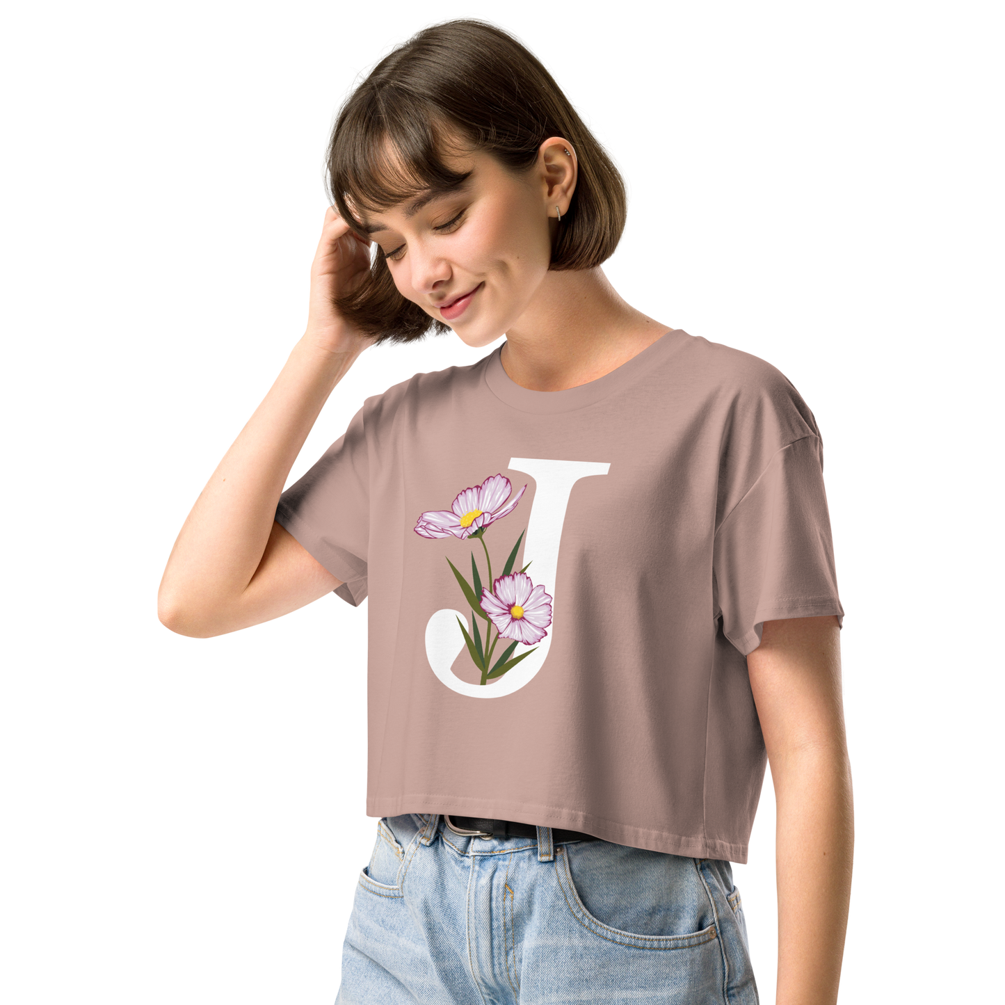 Essential Cotton Crop Top with Minimalist Initial 'J' with Flowers motif