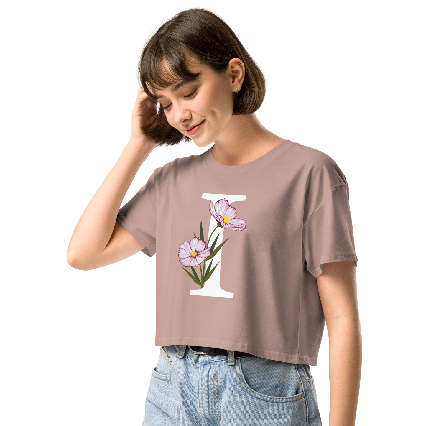 Essential Cotton Crop Top with Minimalist Initial 'I' with Flowers motif