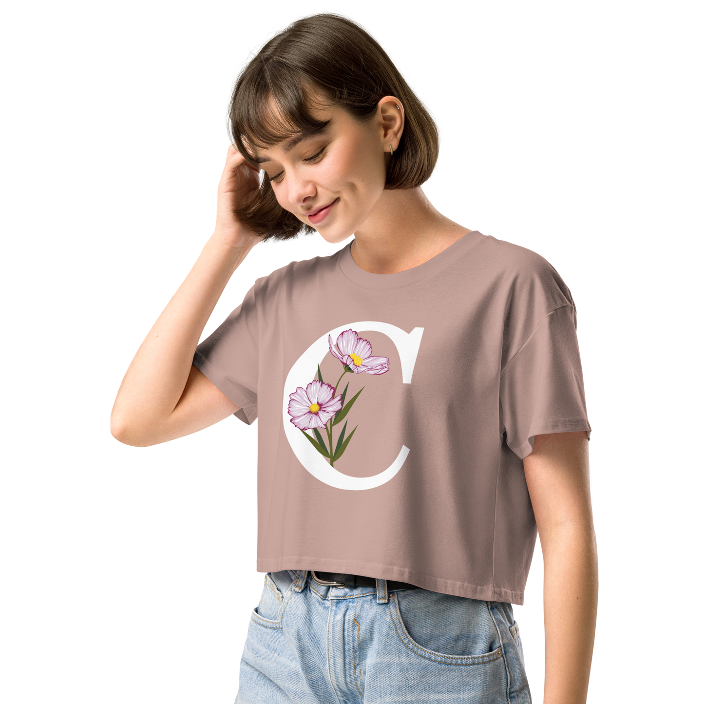 Essential Cotton Crop Top with Minimalist Initial 'C' with Flowers motif