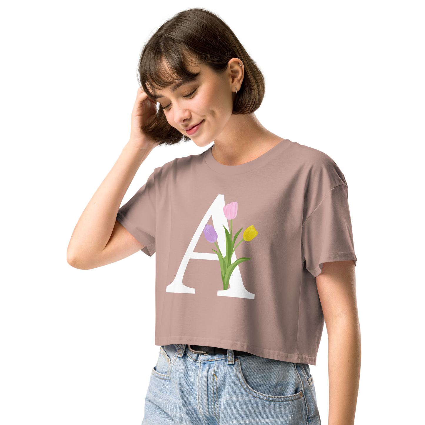 Essential Cotton Crop Top with Minimalist Initial 'A' with Tulips motif