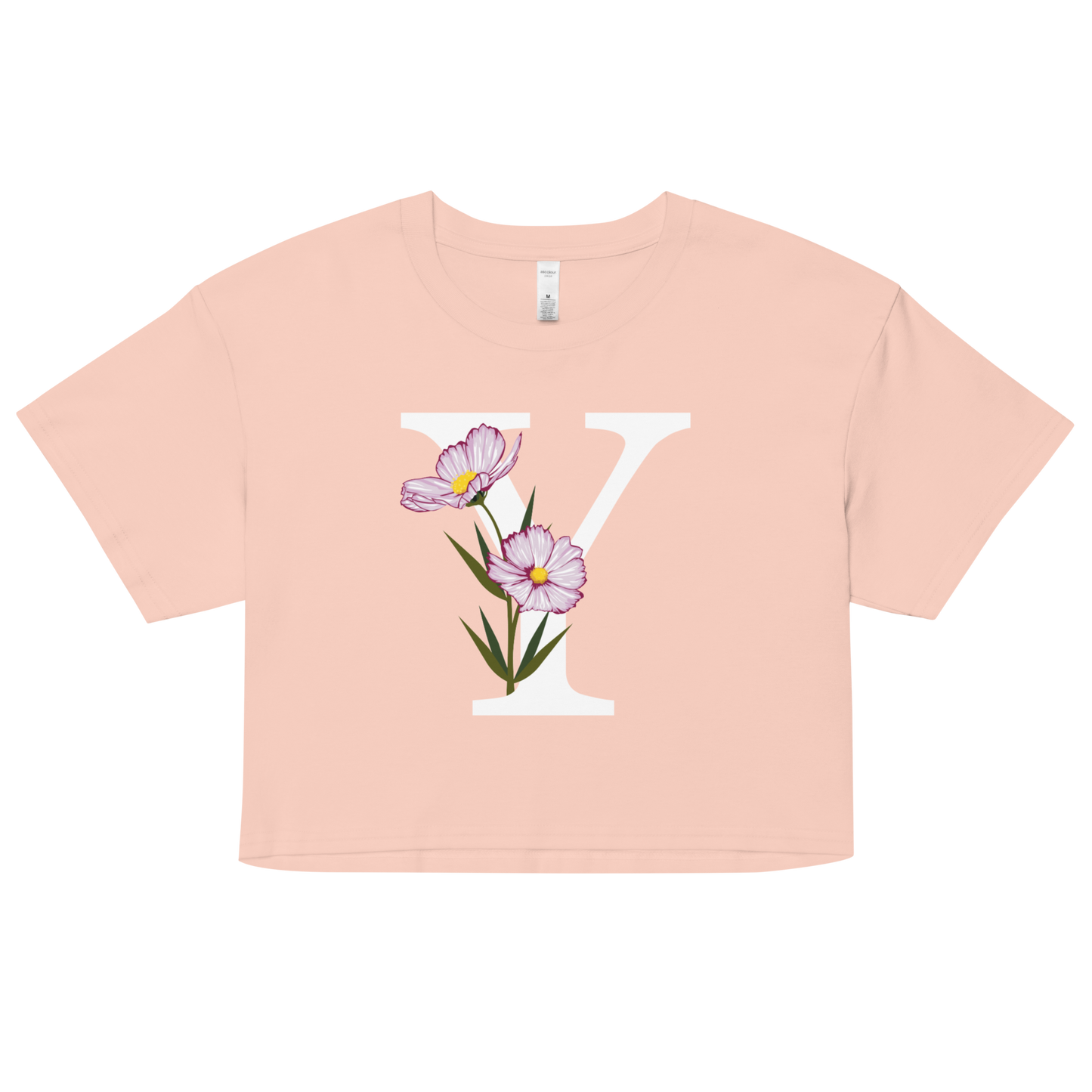 Essential Cotton Crop Top with Minimalist Initial 'Y' with Flowers motif