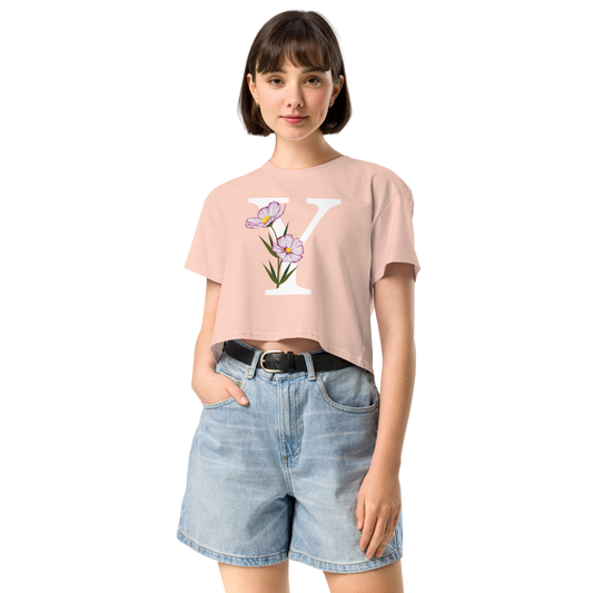 Essential Cotton Crop Top with Minimalist Initial 'Y' with Flowers motif