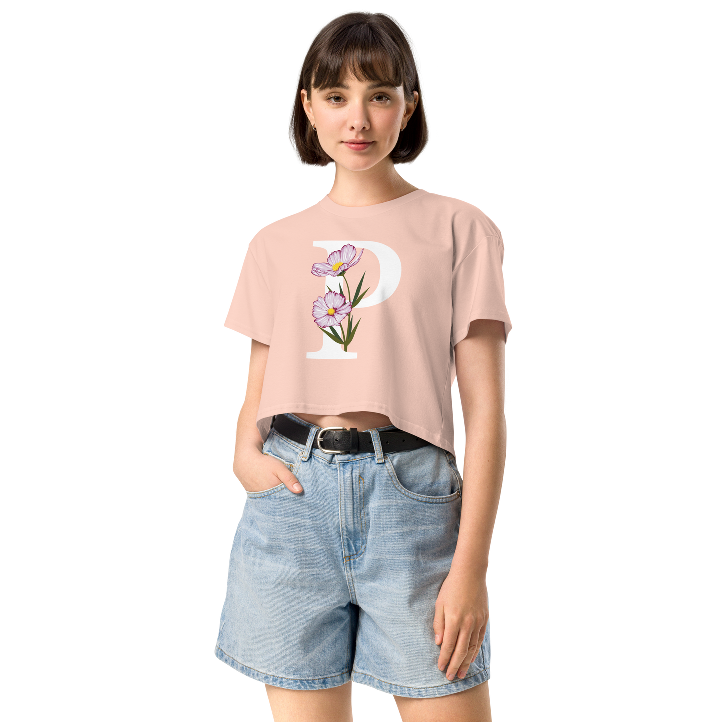 Essential Cotton Crop Top with Minimalist Initial 'P' with Flowers motif