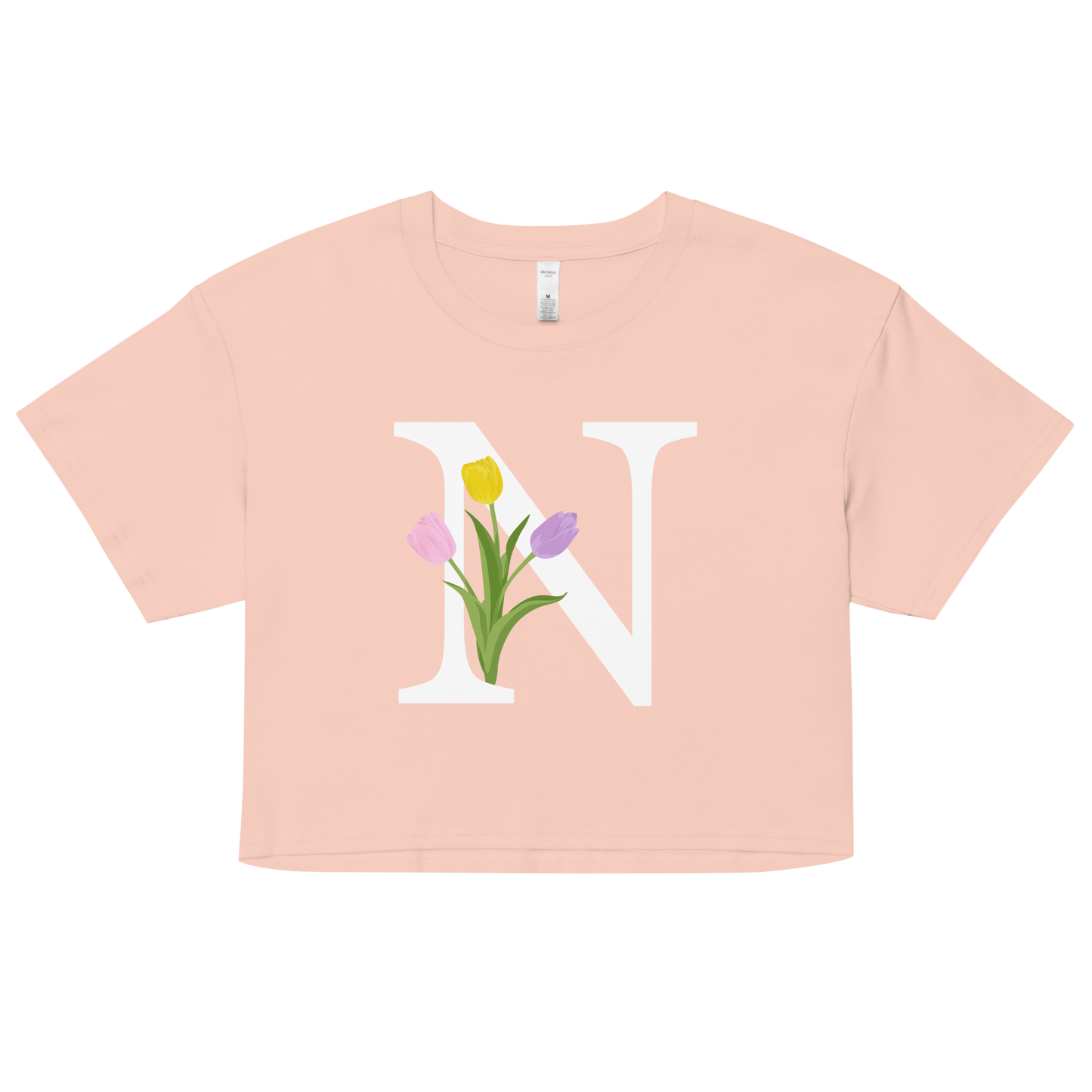 Essential Cotton Crop Top with Minimalist Initial 'N' with Tulips motif