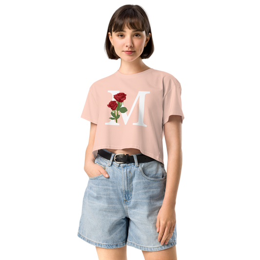 Essential Cotton Crop Top with Minimalist Initial 'M' with Roses motif