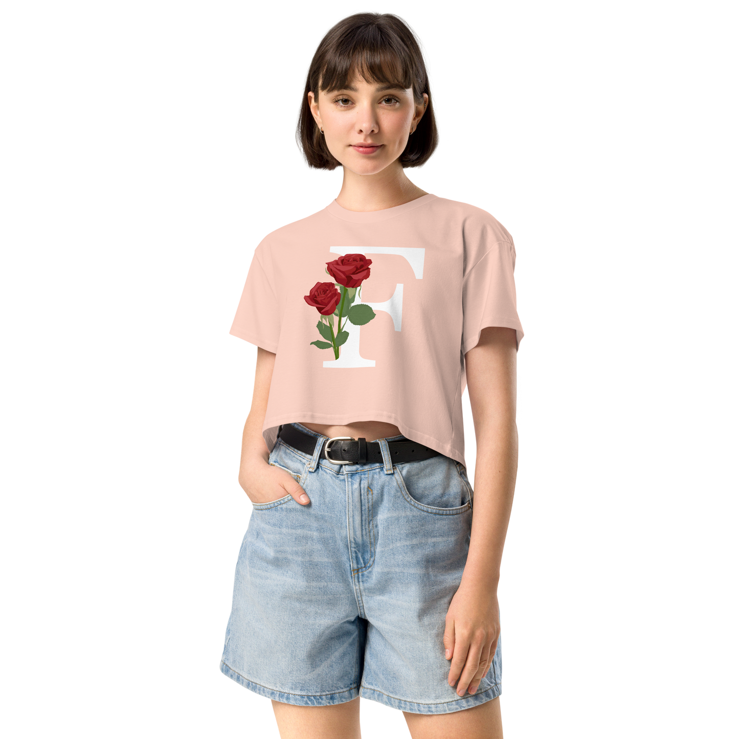 Essential Cotton Crop Top with Minimalist Initial 'F' with Roses motif