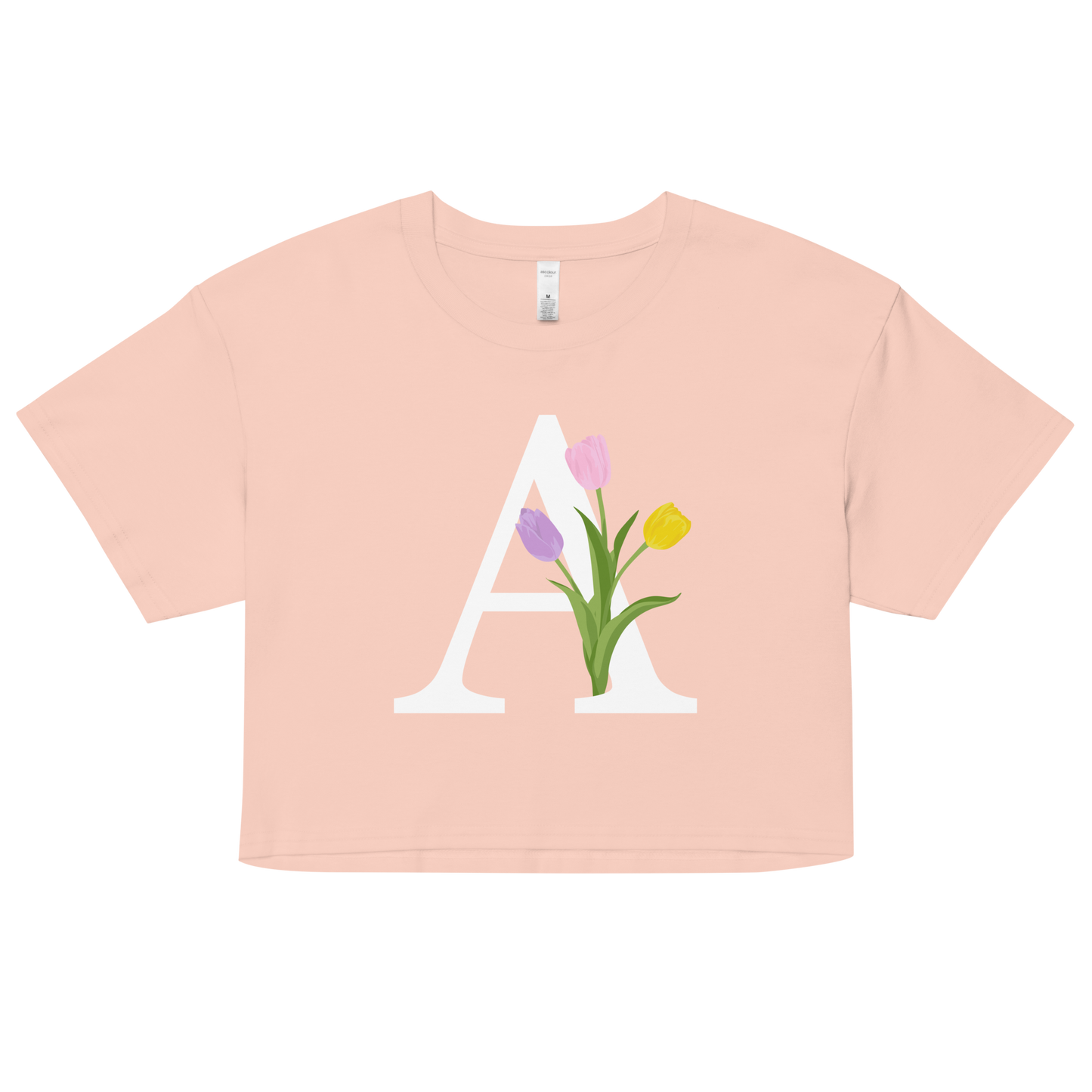 Essential Cotton Crop Top with Minimalist Initial 'A' with Tulips motif