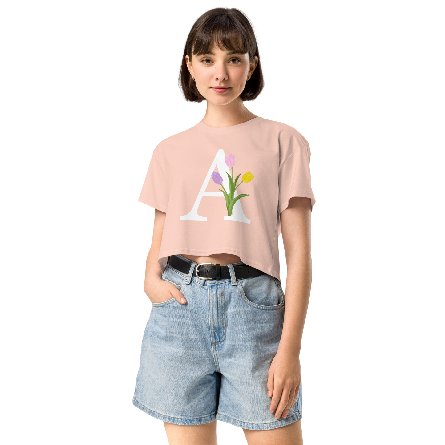 Essential Cotton Crop Top with Minimalist Initial 'A' with Tulips motif