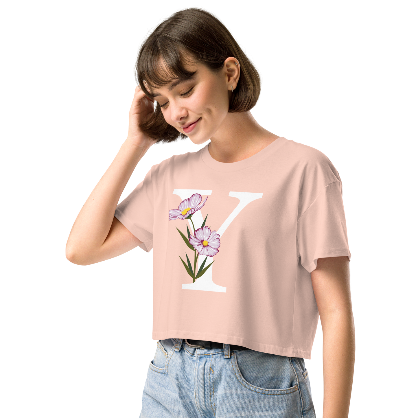 Essential Cotton Crop Top with Minimalist Initial 'Y' with Flowers motif