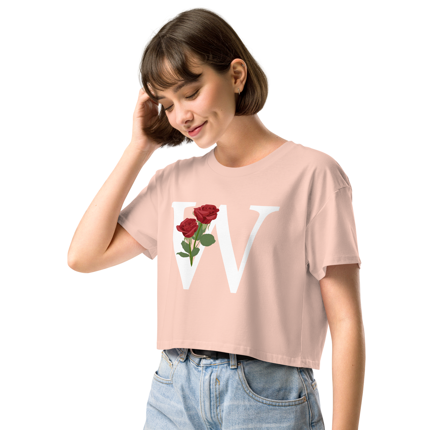 Essential Cotton Crop Top with Minimalist Initial 'W' with Roses motif