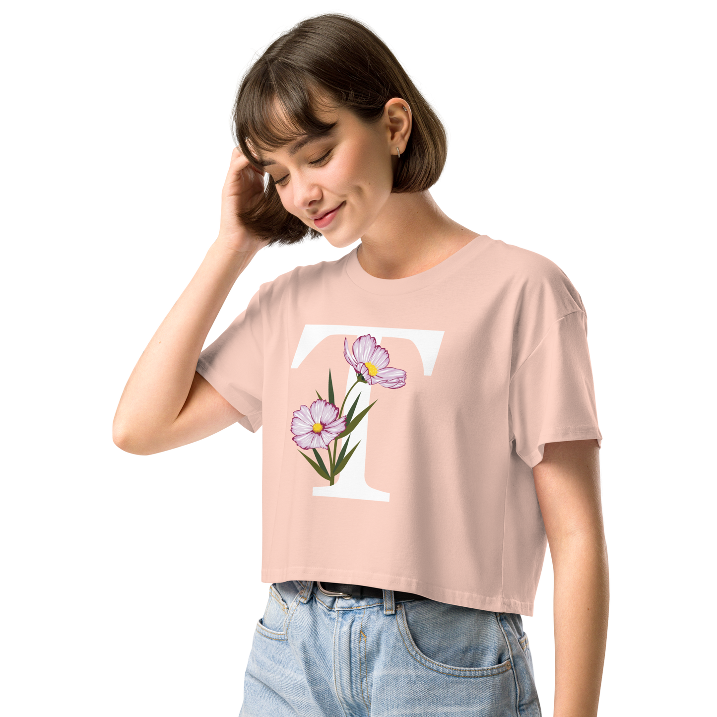 Essential Cotton Crop Top with Minimalist Initial 'T' with Flowers motif