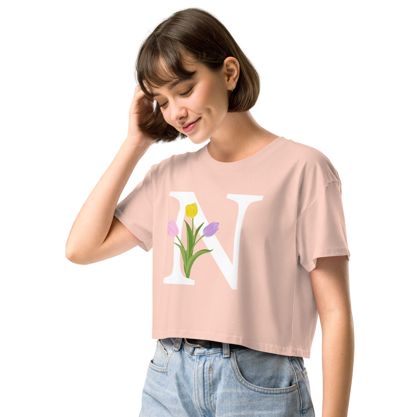 Essential Cotton Crop Top with Minimalist Initial 'N' with Tulips motif