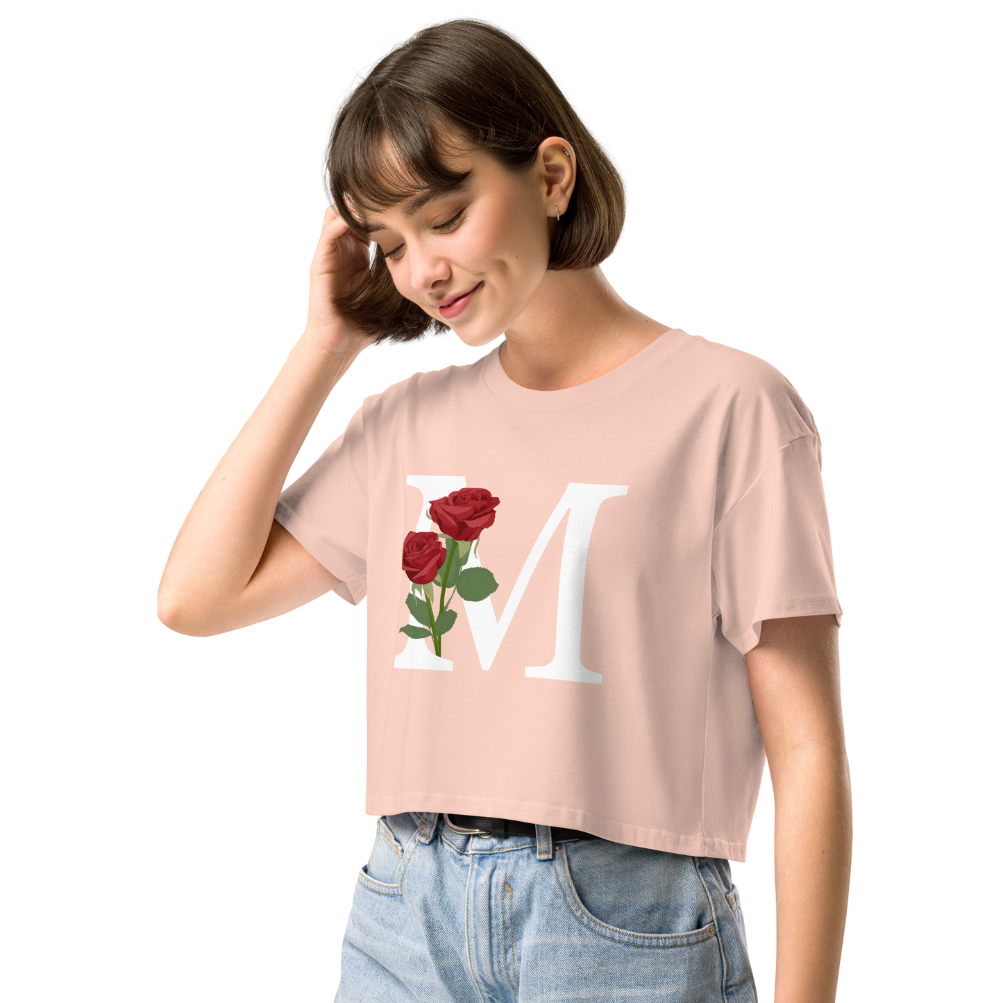 Essential Cotton Crop Top with Minimalist Initial 'M' with Roses motif