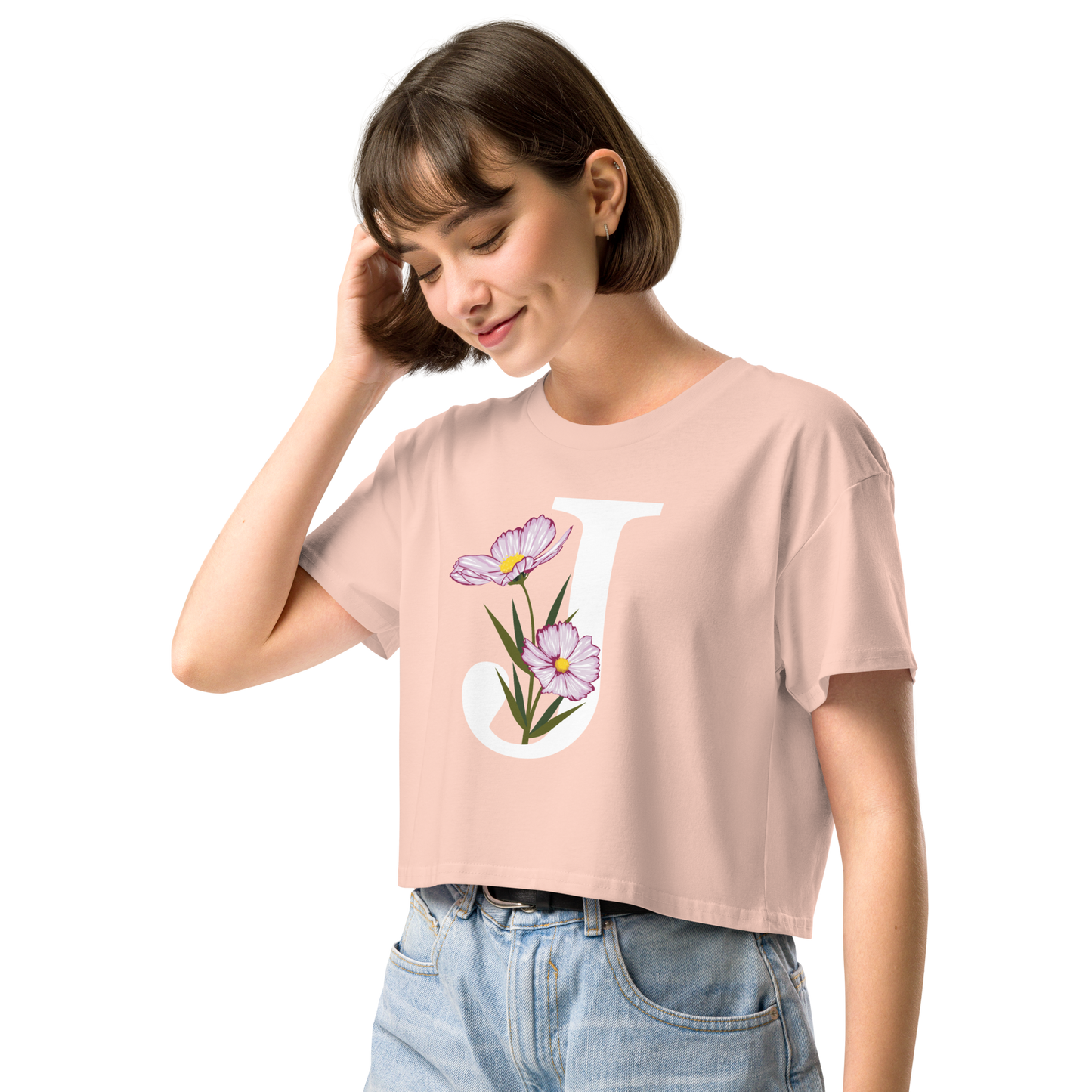 Essential Cotton Crop Top with Minimalist Initial 'J' with Flowers motif