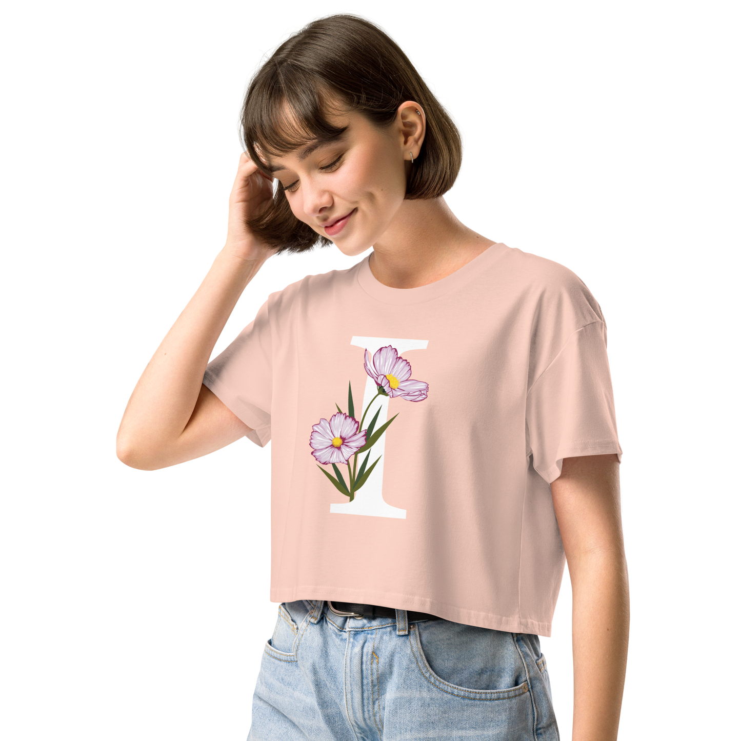 Essential Cotton Crop Top with Minimalist Initial 'I' with Flowers motif