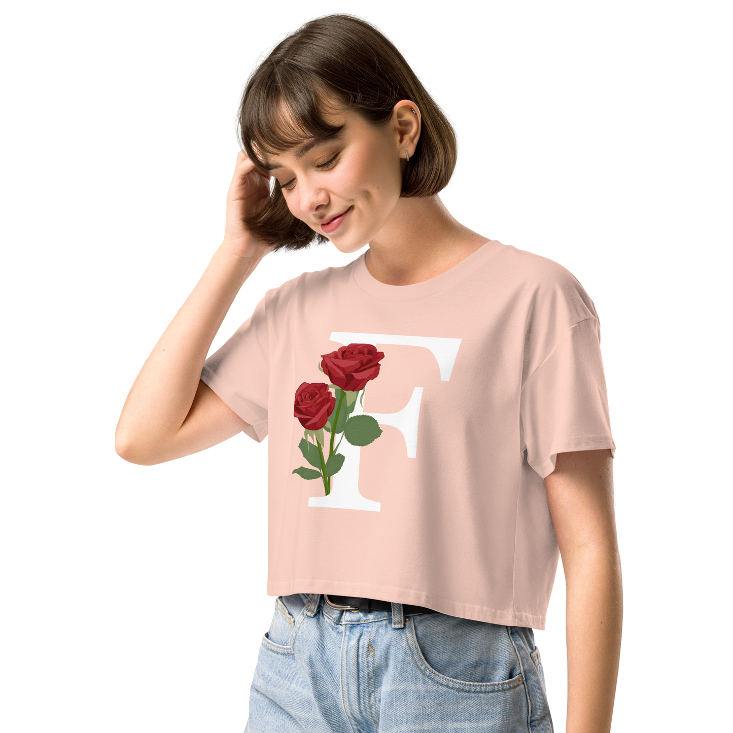 Essential Cotton Crop Top with Minimalist Initial 'F' with Roses motif