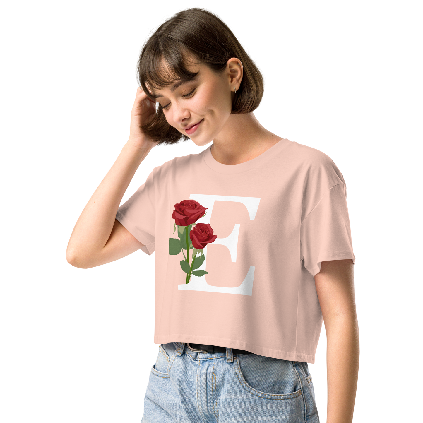 Essential Cotton Crop Top with Minimalist Initial 'E' with Roses motif