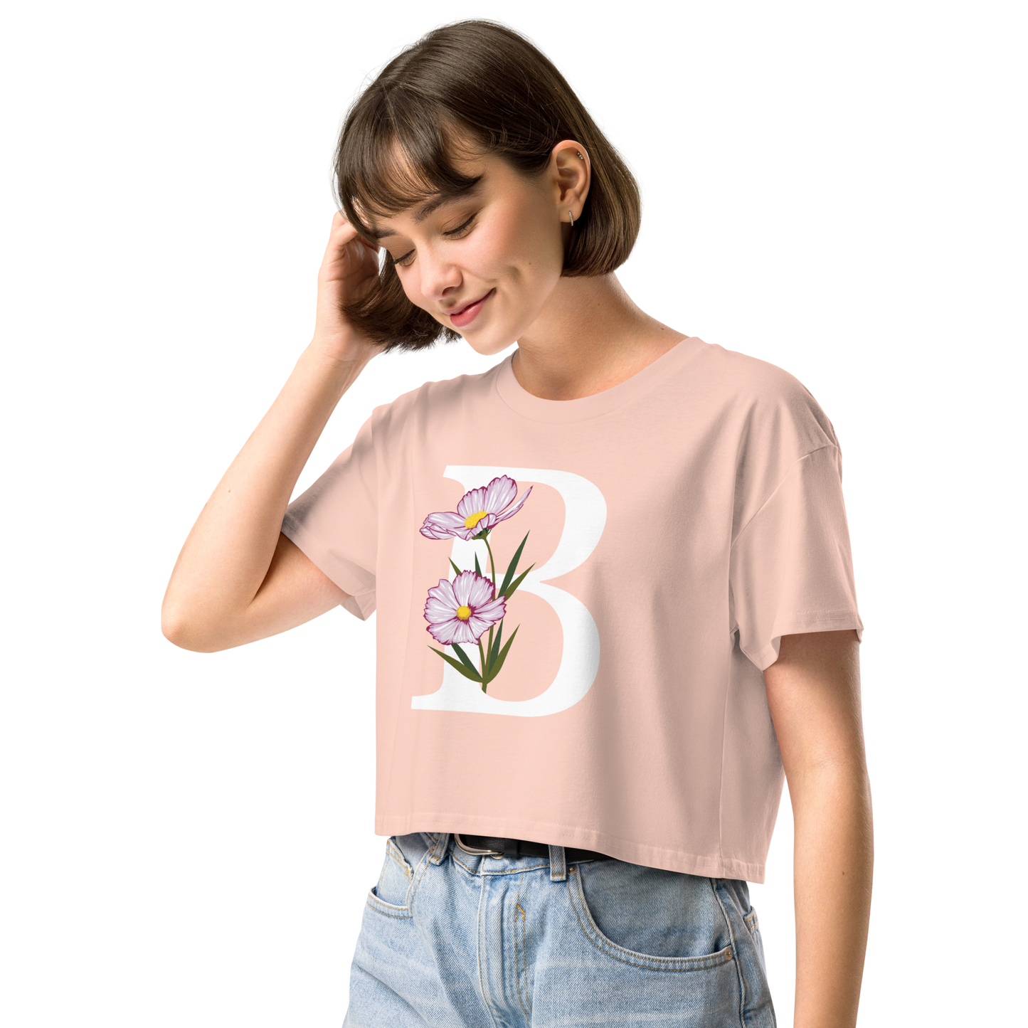 Essential Cotton Crop Top with Minimalist Initial 'B' with Flowers motif