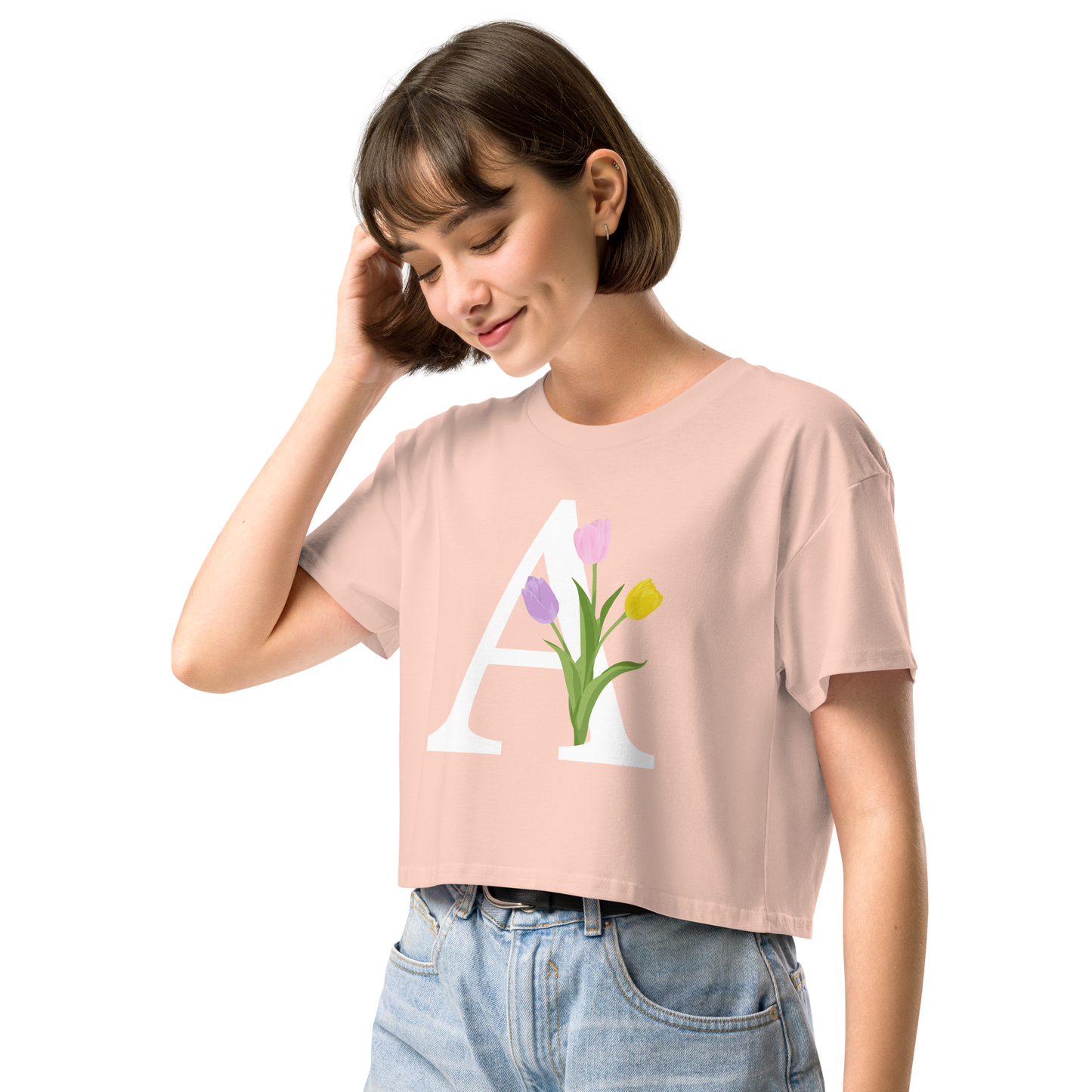 Essential Cotton Crop Top with Minimalist Initial 'A' with Tulips motif