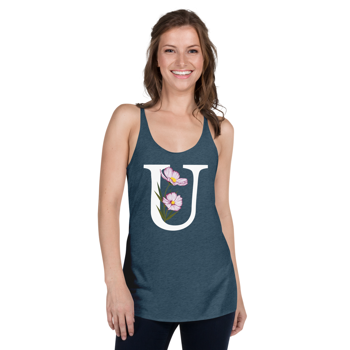 Flawless Edge Racerback Tank with Minimalist Initial 'U' with Flowers motif