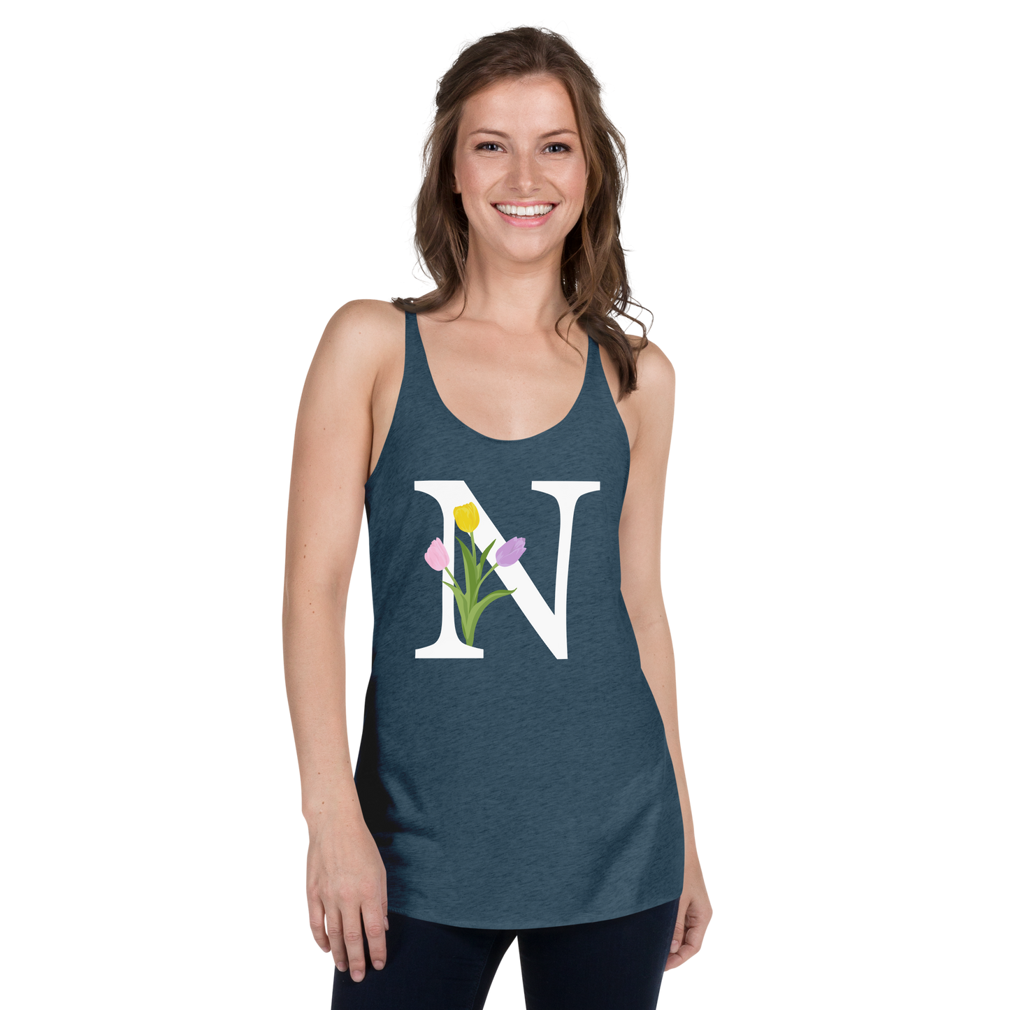 Flawless Edge Racerback Tank with Minimalist Initial 'N' with Tulips motif