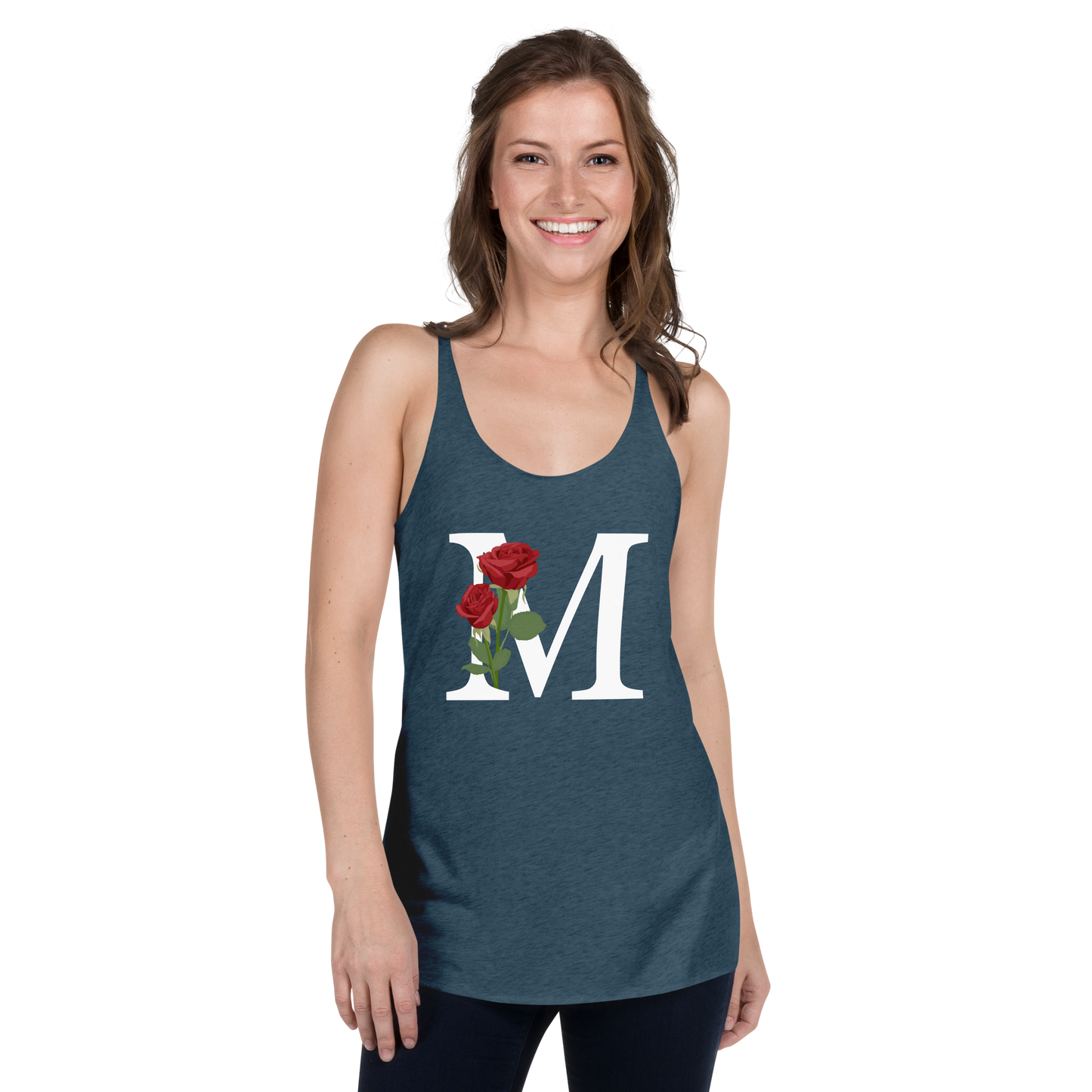 Flawless Edge Racerback Tank with Minimalist Initial 'M' with Roses motif