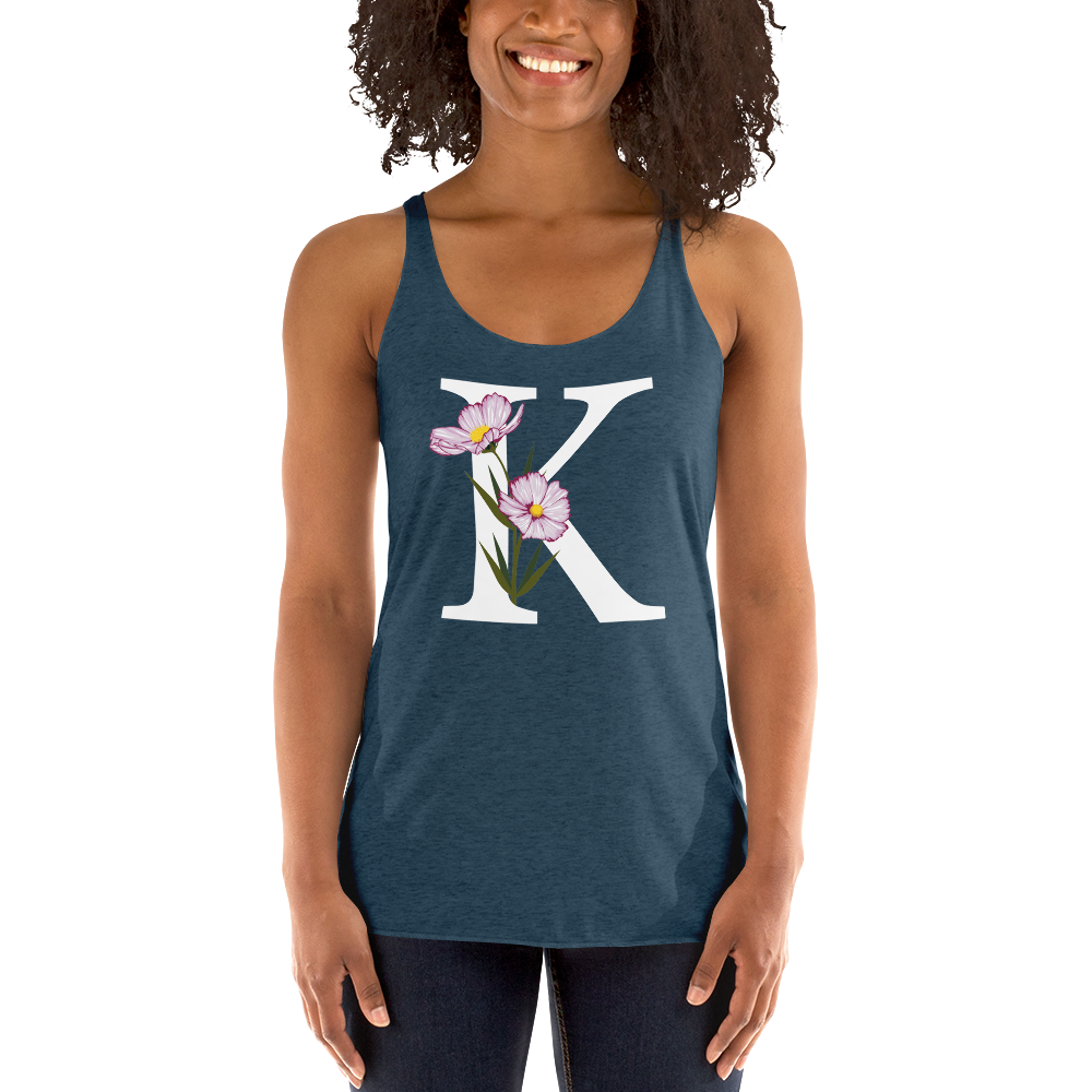 Flawless Edge Racerback Tank with Minimalist Initial 'K' with Flowers motif