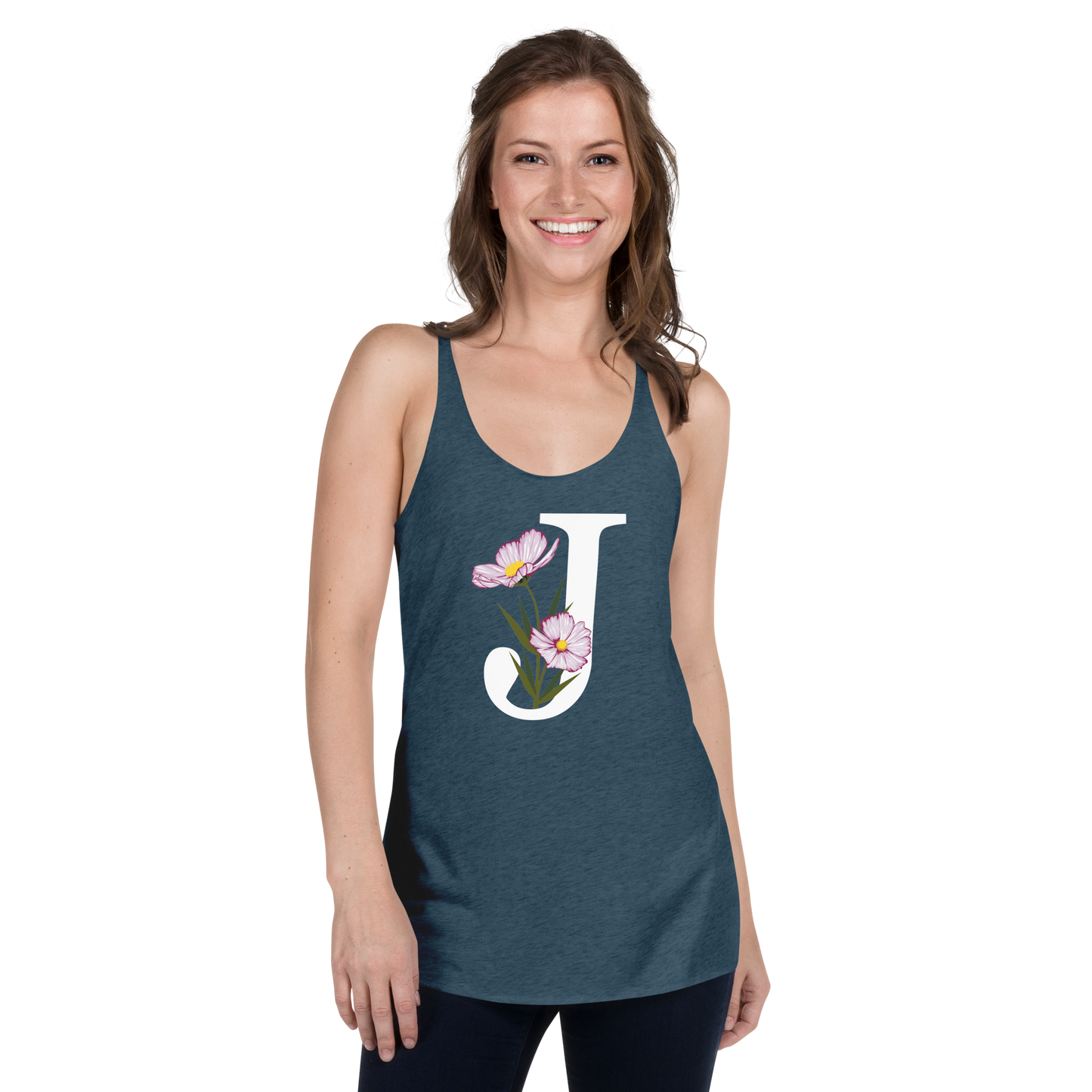 Flawless Edge Racerback Tank with Minimalist Initial 'J' with Flowers motif