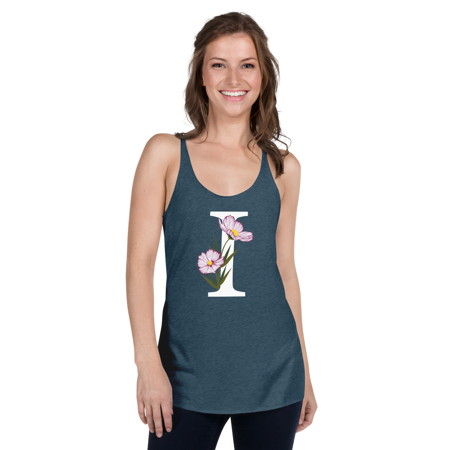 Flawless Edge Racerback Tank with Minimalist Initial 'I' with Flowers motif