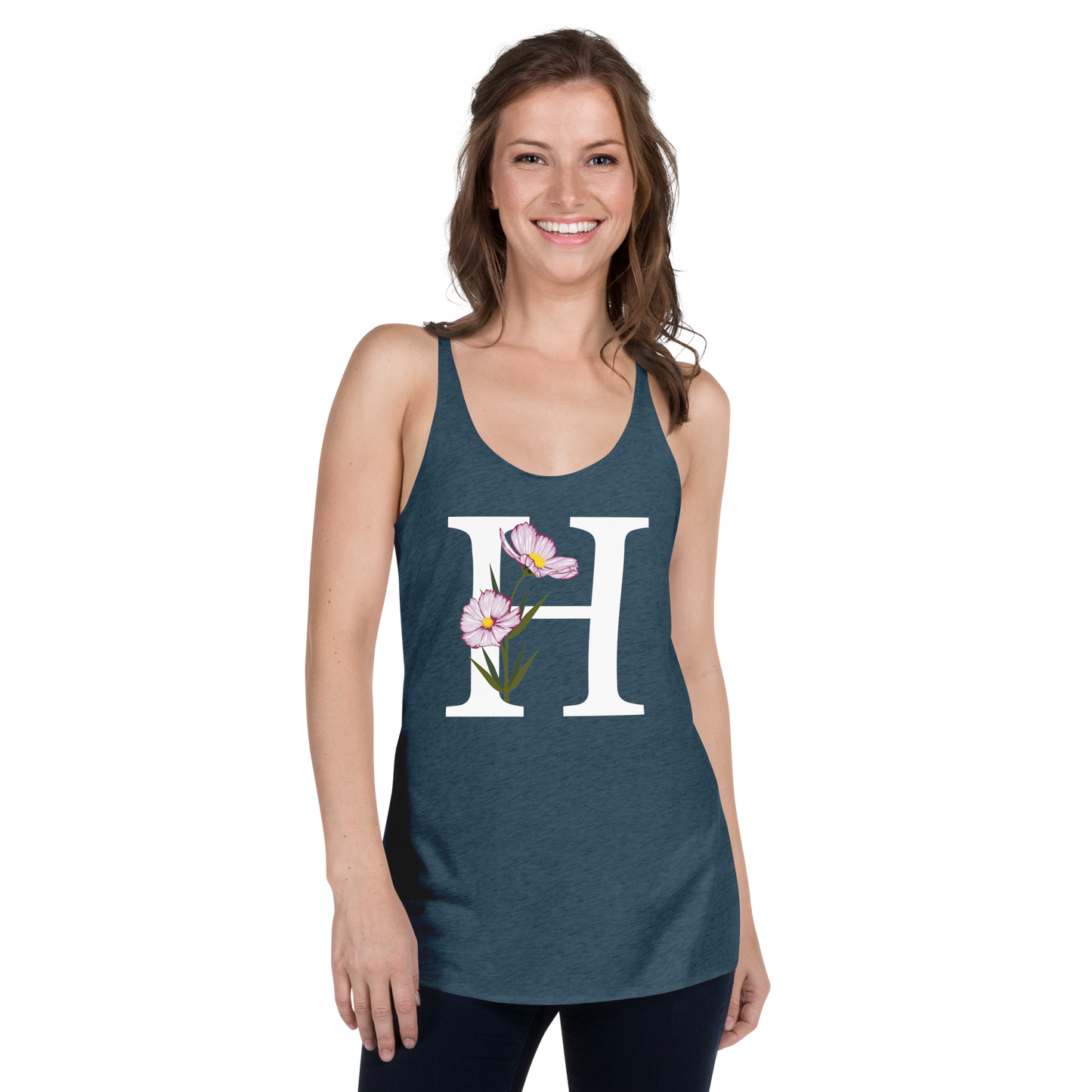 Flawless Edge Racerback Tank with Minimalist Initial 'H' with Flowers motif