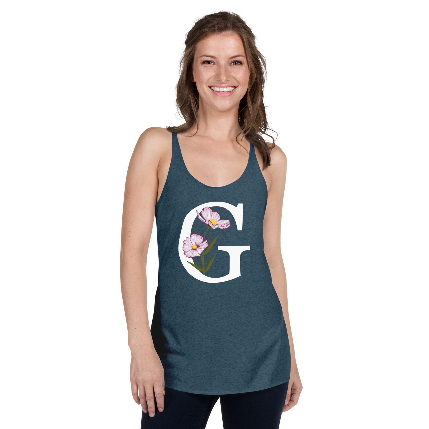 Flawless Edge Racerback Tank with Minimalist Initial 'G' with Flowers motif