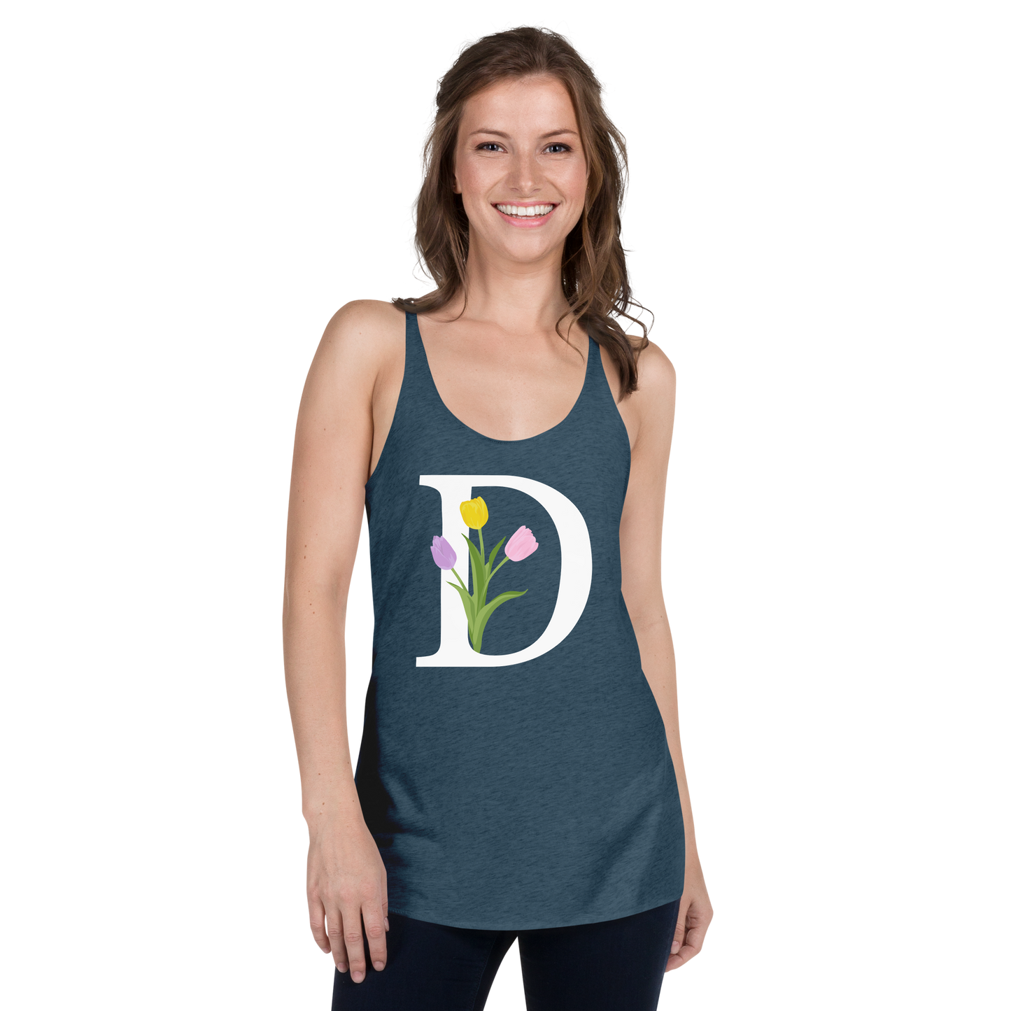 Flawless Edge Racerback Tank with Minimalist Initial 'D' with Tulips motif