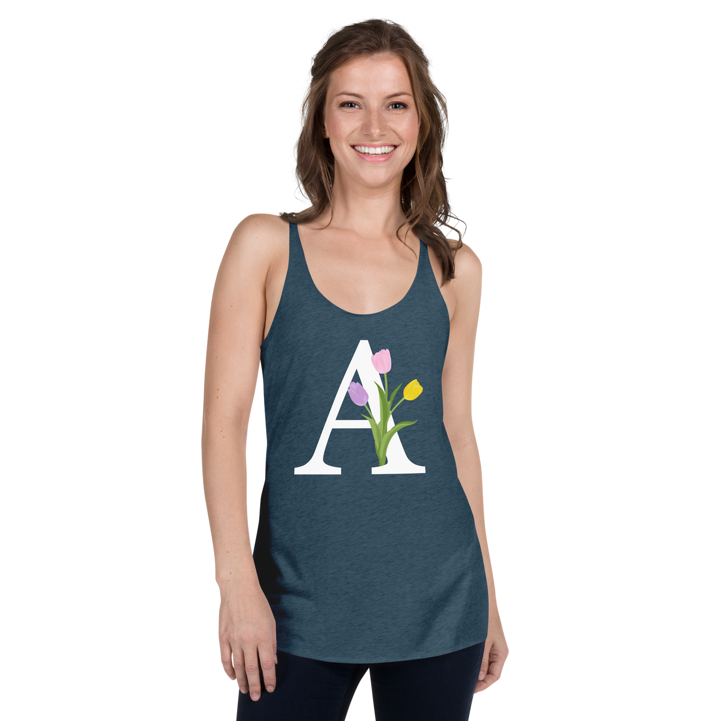 Flawless Edge Racerback Tank with Minimalist Initial 'A' with Tulips motif