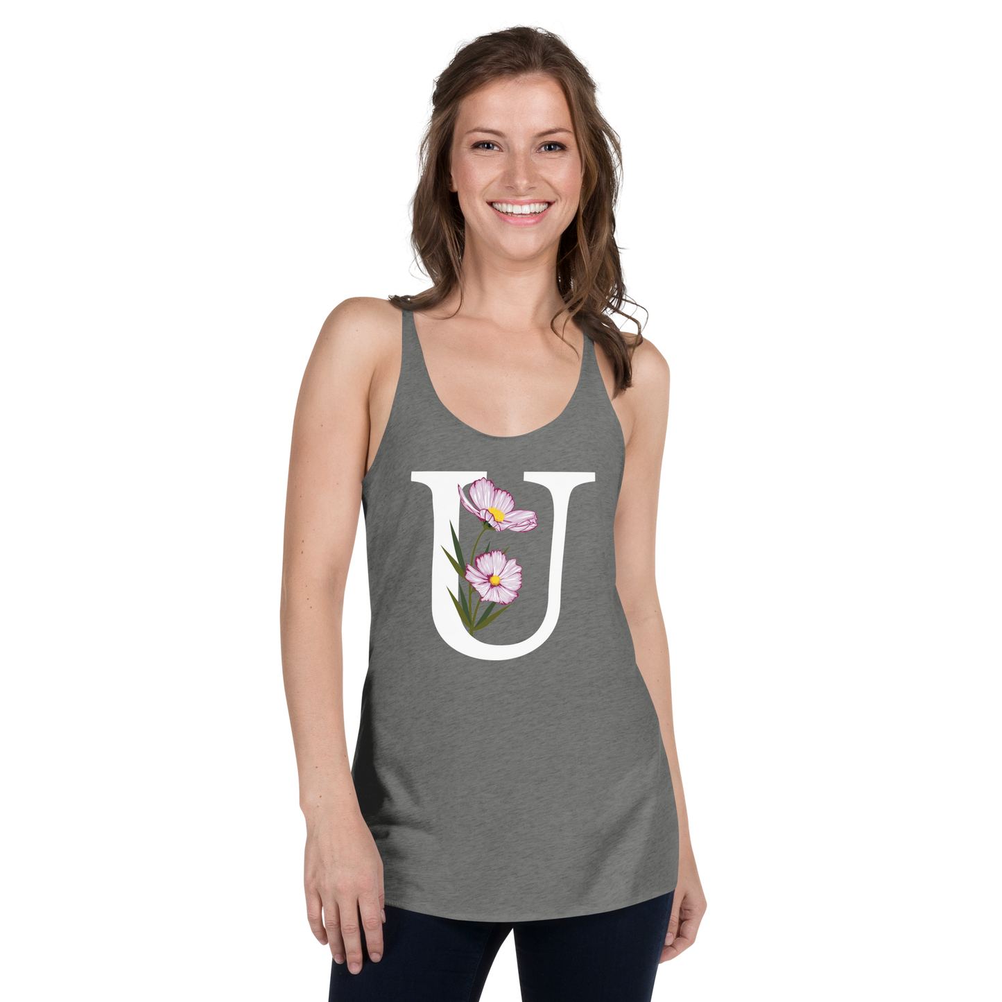 Flawless Edge Racerback Tank with Minimalist Initial 'U' with Flowers motif