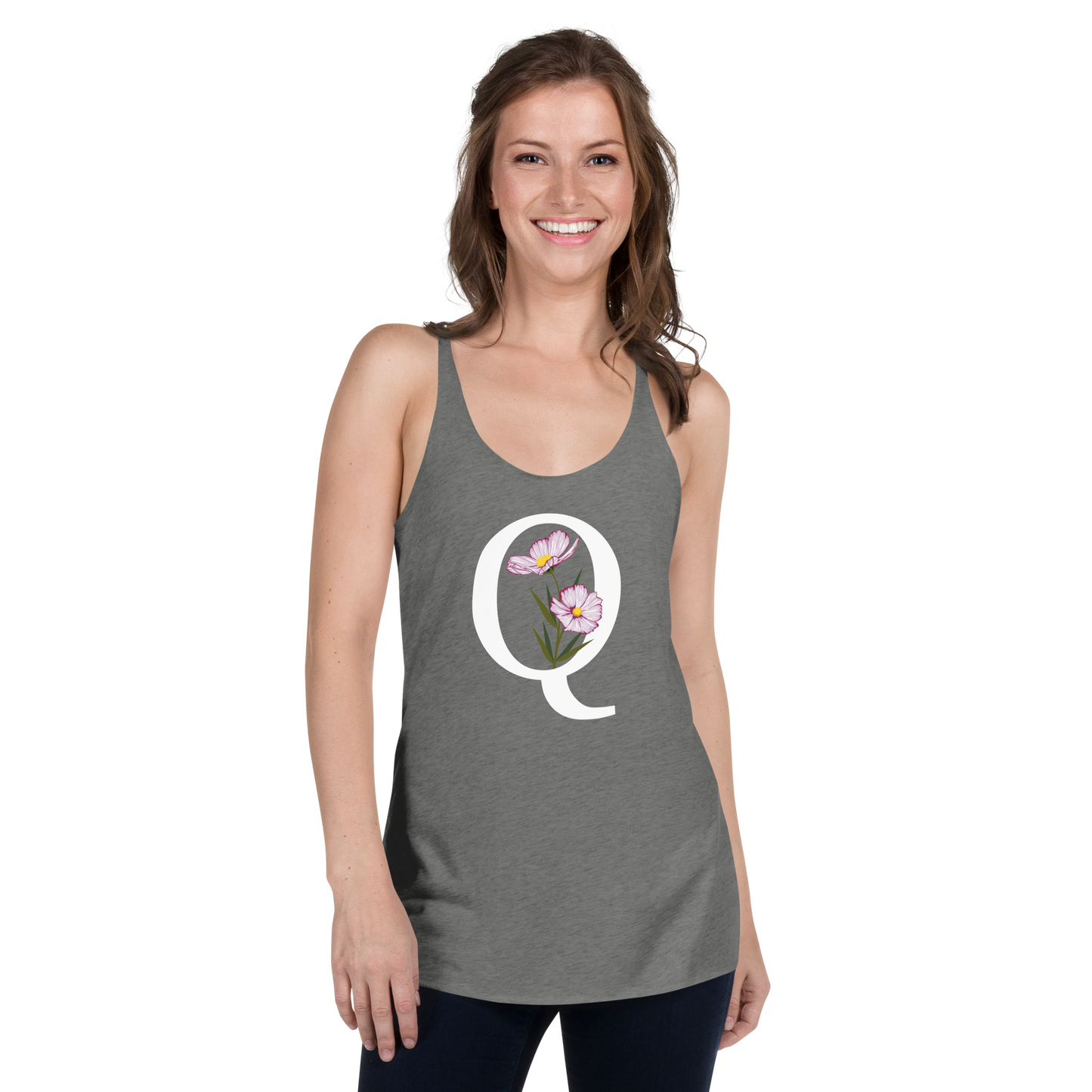 Flawless Edge Racerback Tank with Minimalist Initial 'Q' with Flowers motif