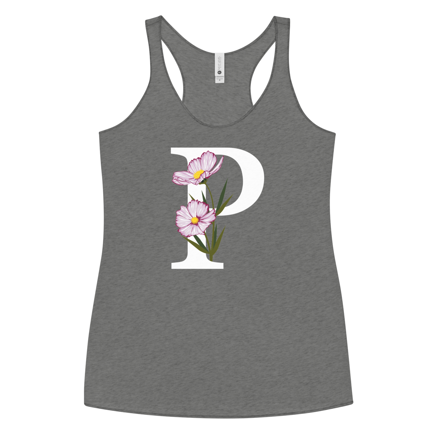 Flawless Edge Racerback Tank with Minimalist Initial 'P' with Flowers motif