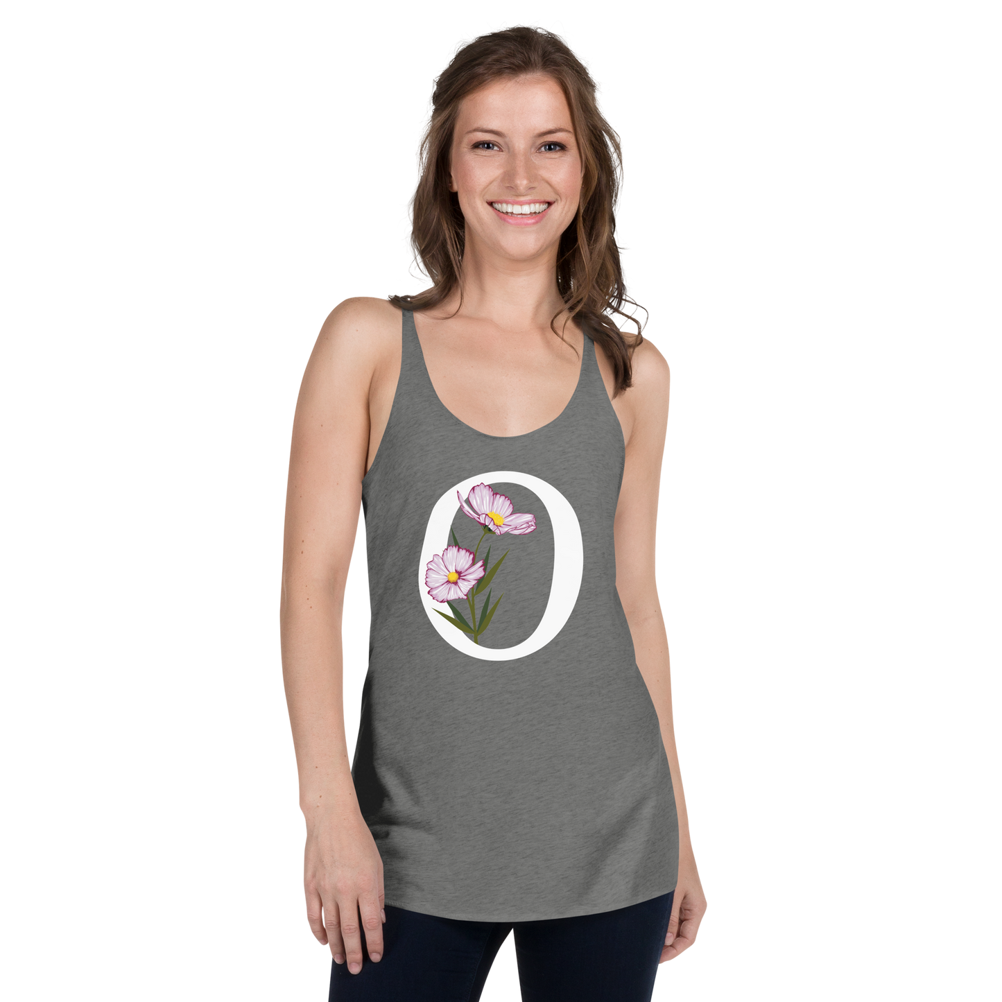 Flawless Edge Racerback Tank with Minimalist Initial 'O' with Flowers motif