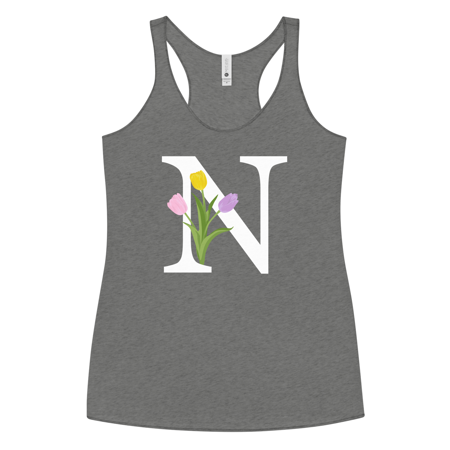 Flawless Edge Racerback Tank with Minimalist Initial 'N' with Tulips motif